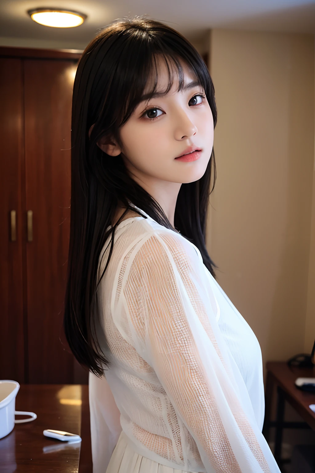Dressing、(Photoreality:1.4)、(Hyper-realistic:1.4)、(real scenes:1.3)、 (Smoother lighting:1.05)、(increase cinematic lighting quality:0.9)、32 k、 1girll、20 years girl、Realistic illumination、The light from the back window is backlighted、Facial light、Ray traching、(Brighten Light:1.2)、(Enchanted quality:1.4)、 (True textured skins of the highest quality)、Delicate eyes、Delicate face、 (exhaustion、sleepy、satisfied:0.0)、close up of face、student clothes:1.3、韓国アイドル、乃木坂アイドル、hposing Gravure Idol (Improvement of physical mood:1.1)、Glossy glossy skin、韓国アイドル、乃木坂アイドル、hposing Gravure Idol、Self-shot