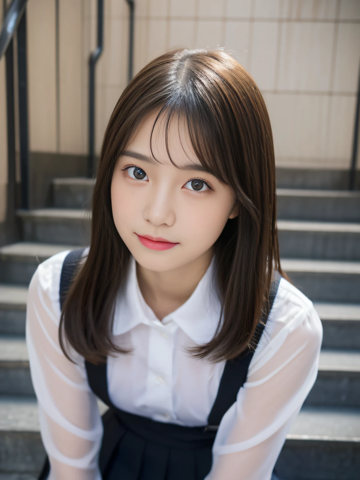 (((32k,high detal,high-detail、masterpiece,Attention to detail,full body Esbian,独奏))),Raw photo & realistic atmosphere,beautiful dark blue eyes,Detailed mouth,Glossy lips,Detailed eyebrows,Eyes drawn in detail with soft white skin that shines in every detail、azure eyes,Very beautiful eyes,Detailed lips、Very beautiful face,Very well-formed face、Lifelike face,shiny beautiful lips, Realistic Young Gravure Idol, very beautiful school girl, ,Moderately beautiful, Young Sensual Gravure Idol, Young Gravure Idol, Beautiful, cute and sexy15 year old schoolgirl,the whole body is wet,dripped out,with a flushed face,Incredibly beautiful15-year-old girl takes a belly shortcut,Brown shiny hair,Hair is wet,Dripping water,dripping,Crouching on the stairs with your legs open,(Black pantyhose,Beautiful fece,Looking at the camera:1.4),(Black Pantyhose Absolute,The chest of the uniform is sexily quite open,Dark staircase at night,Very dark,Pitch-black staircase without street lights,Illuminate the subject with a flashlight,spot light,Angle a photo,Subject up and camera down,The angle from which the camera looks up:1.7),(A sexy,Slightly chubby,High Detail High Definition Japan High Definition High School Girl Uniform,well-shaped breasts,,Mature body, I'm anxious and about to cry,Moist eyes,cold smile,glareing,The glaring face is also beautiful:1.5)