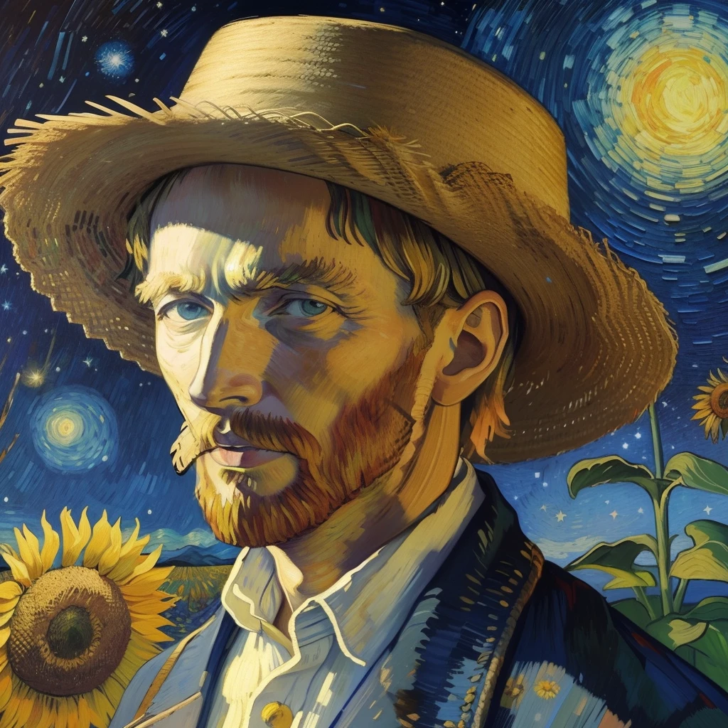 ancient painting,van gogh with straw hat,impressionistic style,vibrant colors,detailed brushstrokes,sunflowers,starlit night,post-impressionism,soft lighting,classic masterpiece,texture effects
