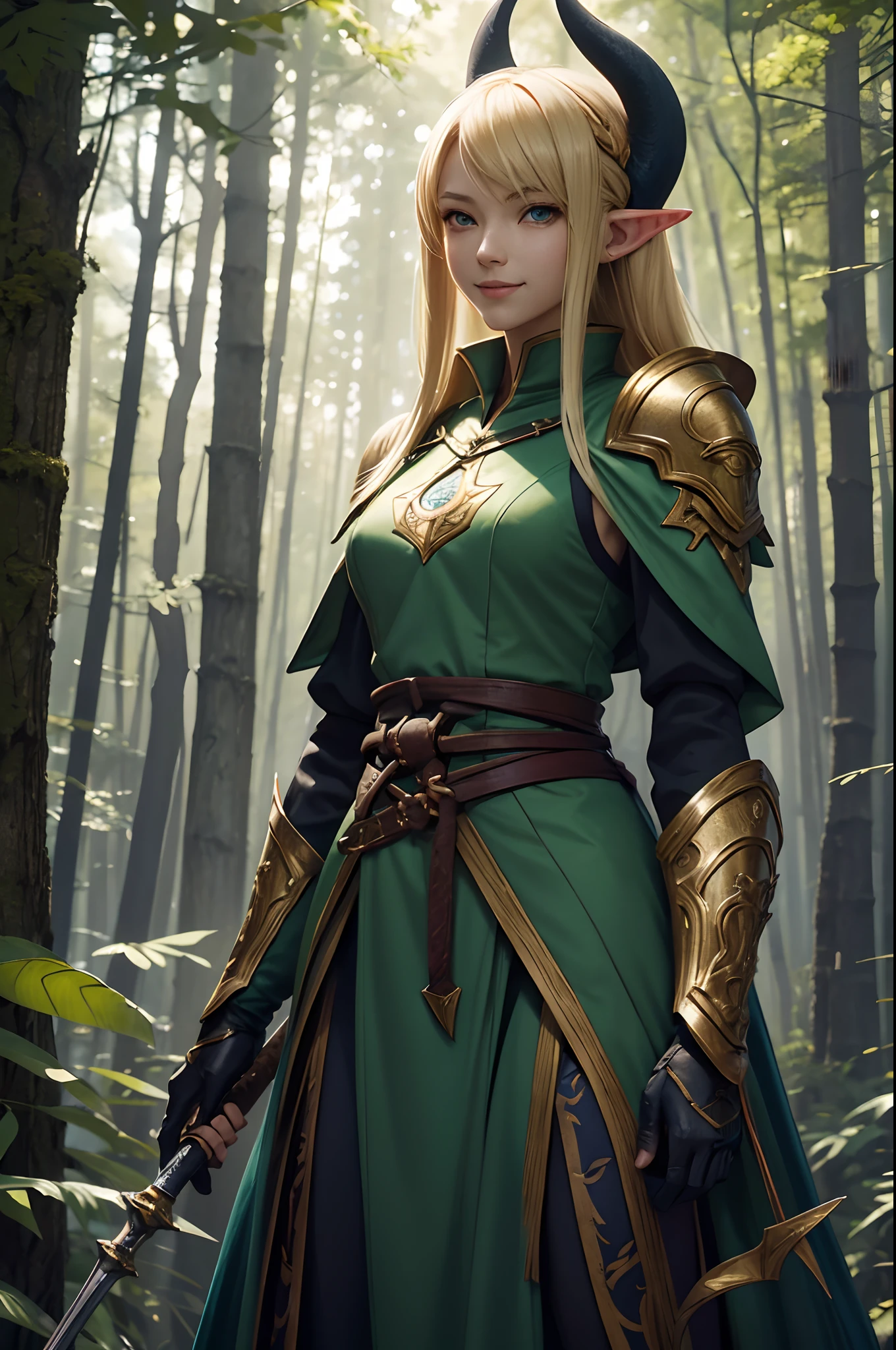 Art by Katsuya Terada, Art by Renji Murata, Art by Akihiko Yoshida, art by Akiman, Full body portrait of cute and beautiful slender elven girl with a smile, pointed ears, Green dress with blue chest armor and shoulder pads, Long beautiful blonde hair, In the woods with a rapier at his waist, cinematic lighting, highly detailed, ray tracing, digital painting, concept art, smooth, sharp focus, illustration, 8k