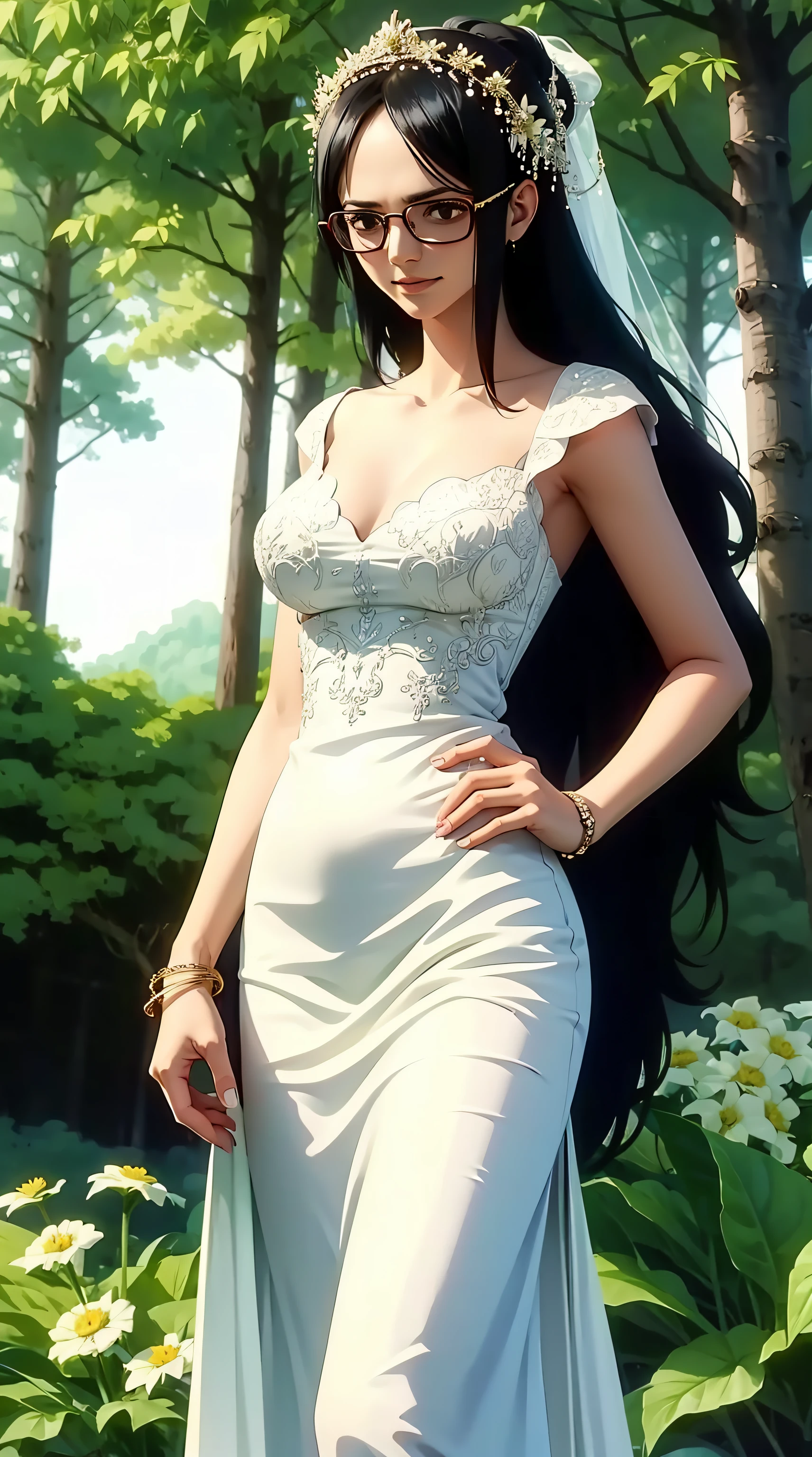 Tashigi, wearing glasses, long hair, black hair, beautiful, beautiful woman, perfect body, perfect breasts, wearing a wedding dress, ball gown, in a garden of trees, wedding decorations, looking at the audience, a slight smile, realism, masterpiece, textured skin , super detail, high detail, high quality, best quality, 1080p, 16k