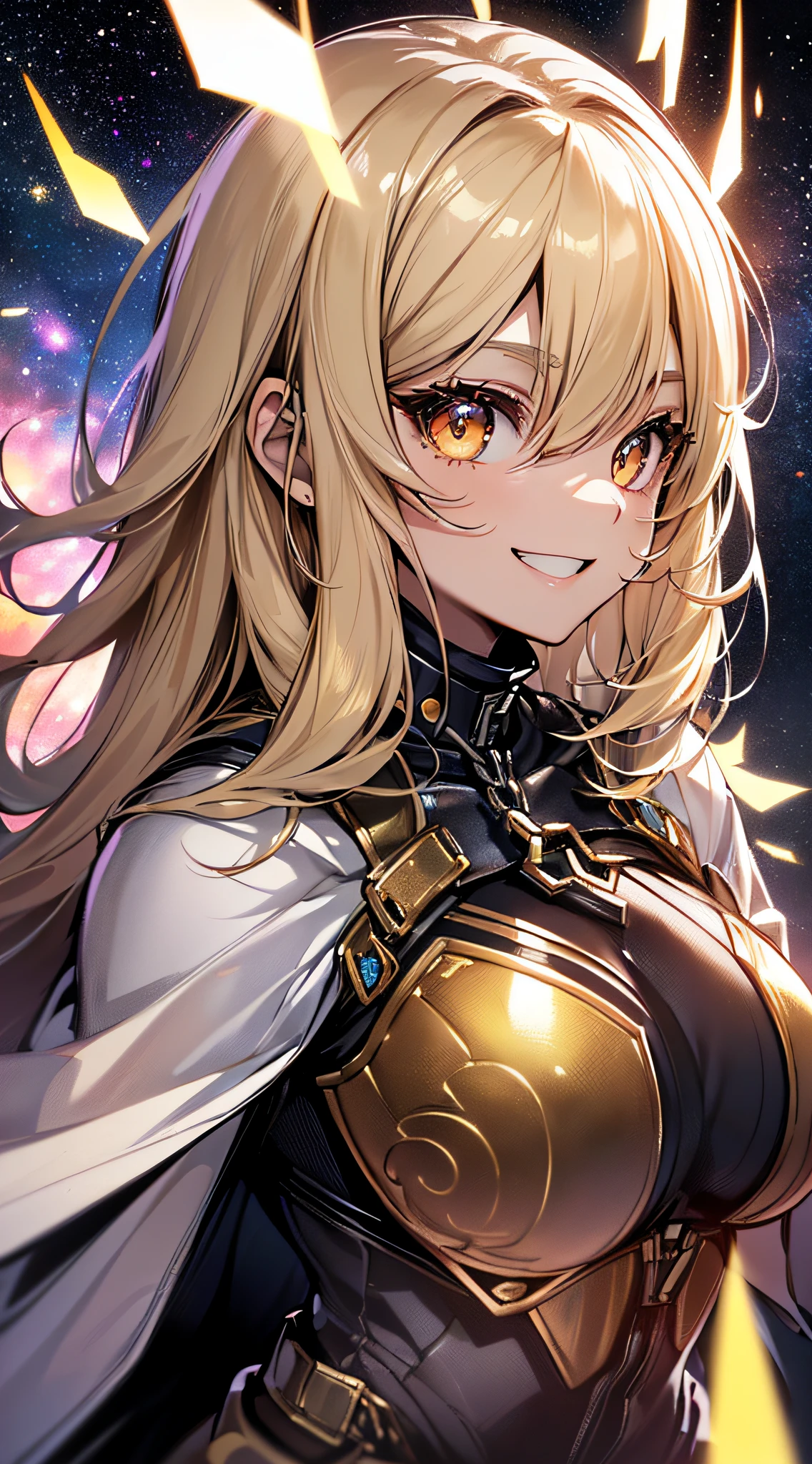 top-quality、Top image quality、masterpiece、girl with((18year old、Cosmic Metallic Armor、Best Bust、Bust 90、a blond、Semi-long、Glowing eyes、open chest wide、Valley、Happiness、Luminous Chain Accessories、Cosmic Accessories、weightless、fists up、The best smile、Laser from both hands,top down、Reflecting the whole body、Looking up at the viewer)hiquality、visualart、Background with(spaces、stele々、kosmos))、masutepiece、Best graphics、Super delicate