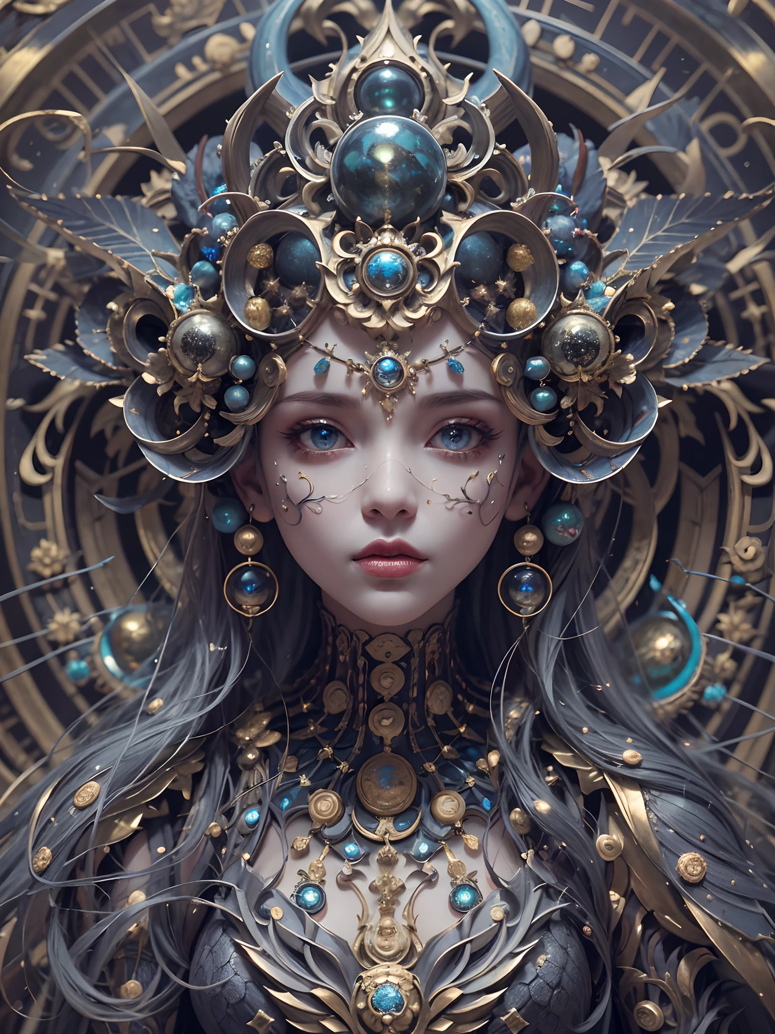 (best qualtiy,ultra - detailed,Most Best Illustration,Best shadow,tmasterpiece,A high resolution,professionalartwork,famousartwork),Detailed eyes,beautidful eyes,closeup cleavage,sci-fy,colored sclera,Robot eyes,face markings,Tattooed with,(fractalized,Fractal eyes),largeeyes,Wide eyes,(Eye focus),sface focus,Cosmic eyes,Space eyes,Close-up of metal sculpture of a woman with a moon in her hair,goddes。extremly high detail,3 d goddess portrait,Extremely detailed footage of the goddess,a stunning portrait of a goddess,Side image of the goddess,portrait of a beautiful goddess,Full body close-up portrait of the goddess,hecate goddess,portrait of a norse moon goddess,goddess of space and time, sea art 2.1, goddess sea art 2.1, solid black and gray texture masterpiece,