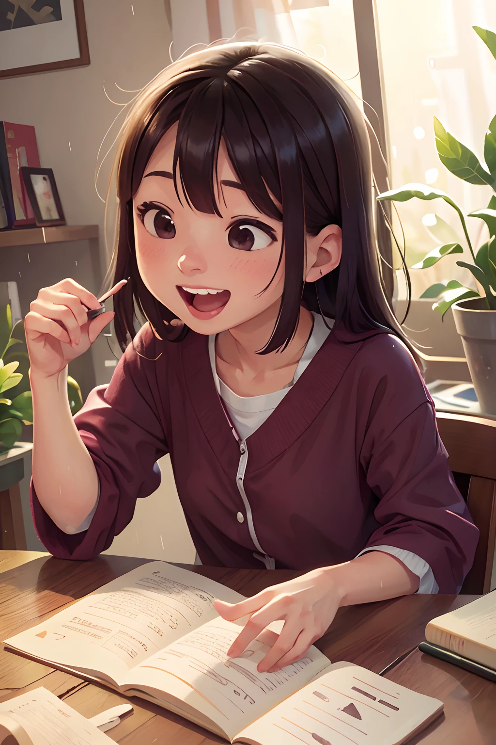 photoRealstic、at home in a rainy day, and enjoy studying with friends、Opens mouth and laughs、up of face、season autunm