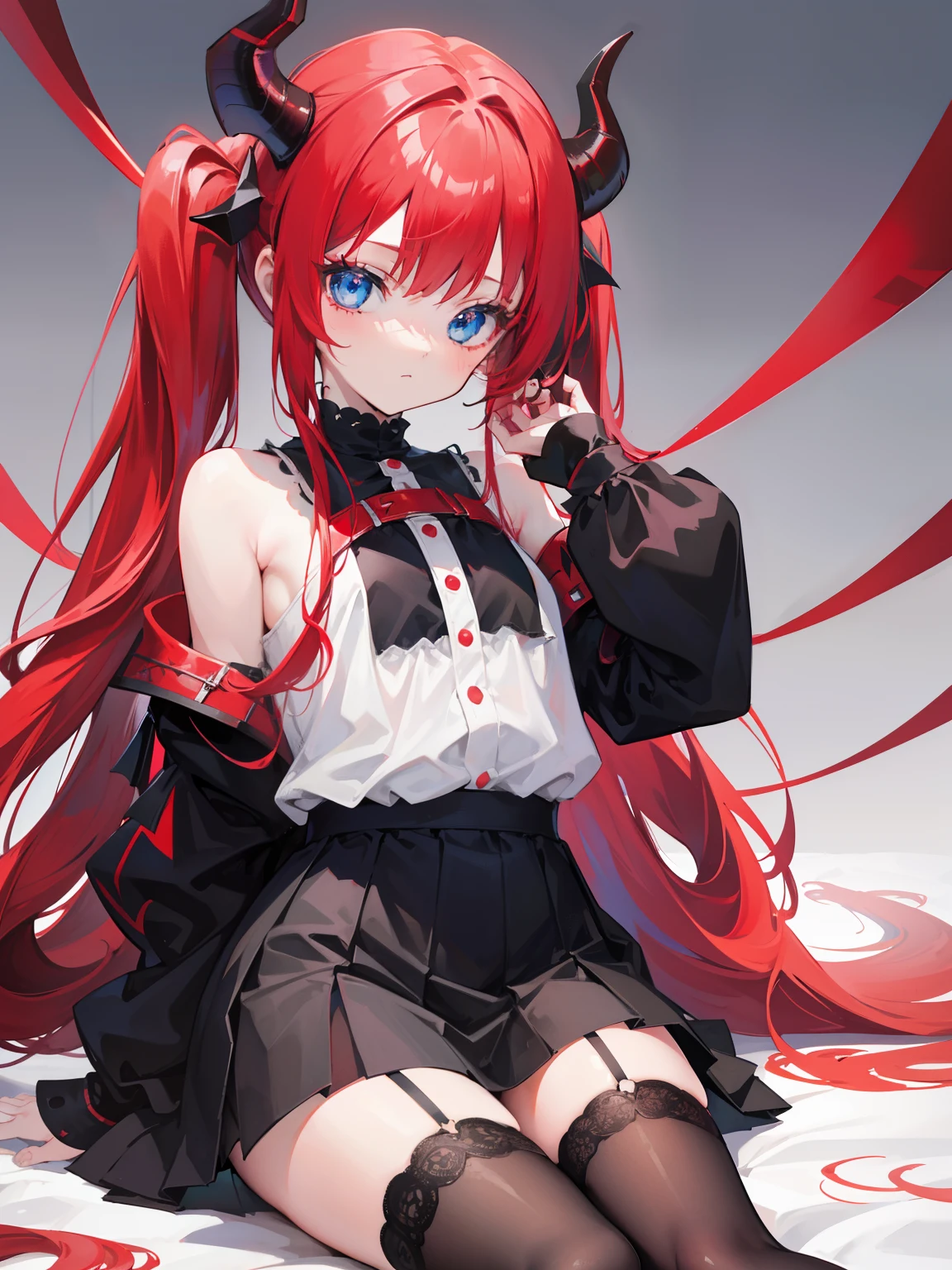 red hair,blue eyes,twintails, long hair, solo, loli, black stockings,{{best quality}}, {{masterpiece}}, {{ultra-detailed}}, {illustration}, {detailed light}, {an extremely delicate and beautiful},,cute,Succubus, demon,horns