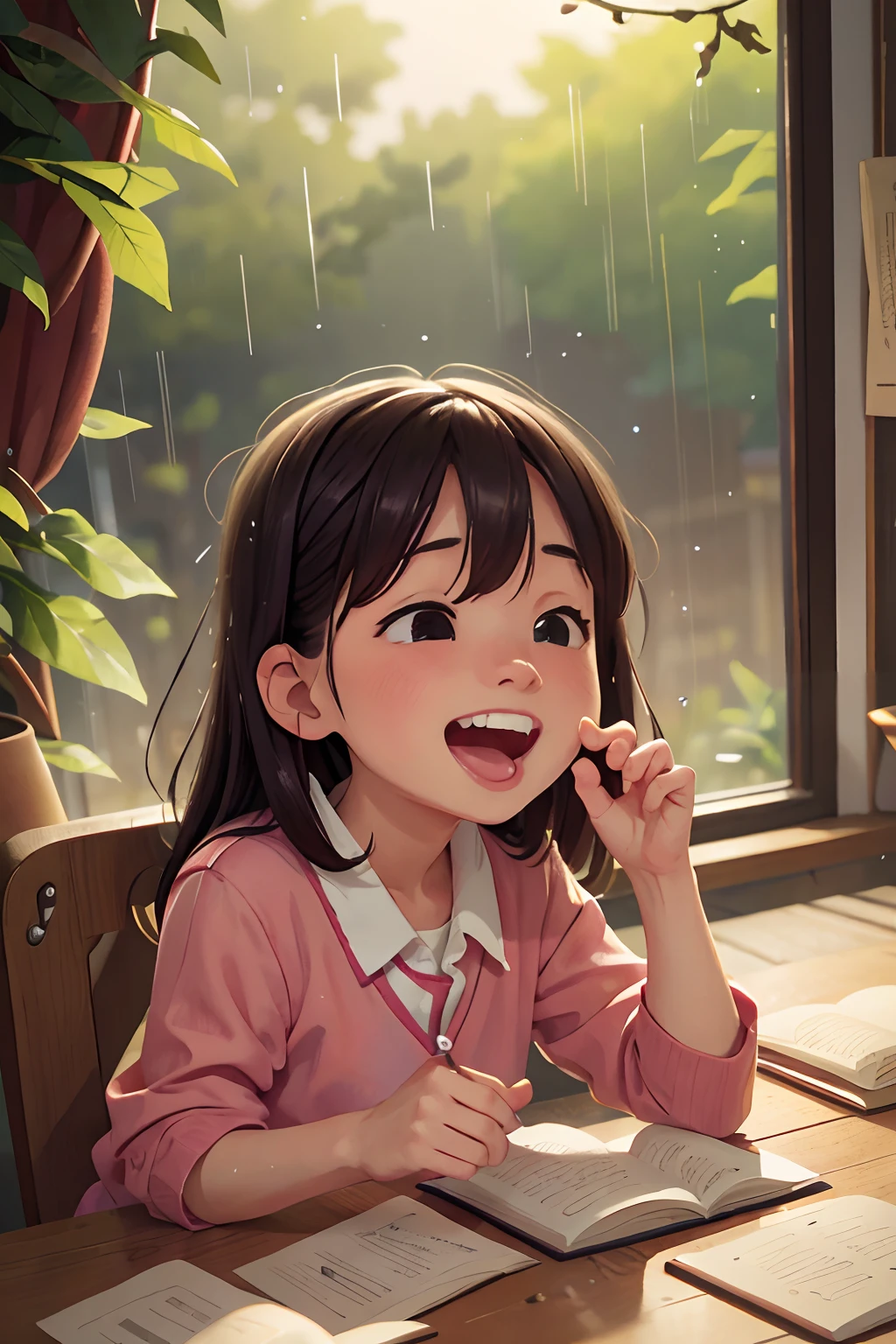 photoRealstic、at home in a rainy day, and enjoy studying with friends、Opens mouth and laughs、up of face、season autunm
