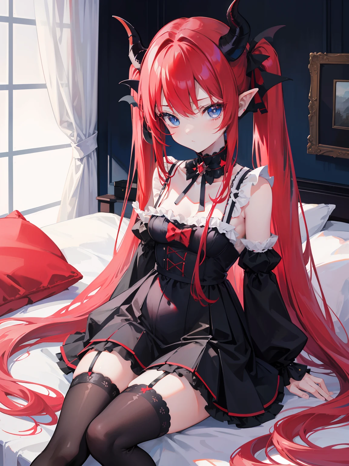 red hair,blue eyes,twintails, long hair, solo, loli, black stockings,{{best quality}}, {{masterpiece}}, {{ultra-detailed}}, {illustration}, {detailed light}, {an extremely delicate and beautiful},,cute,Succubus, demon,horns