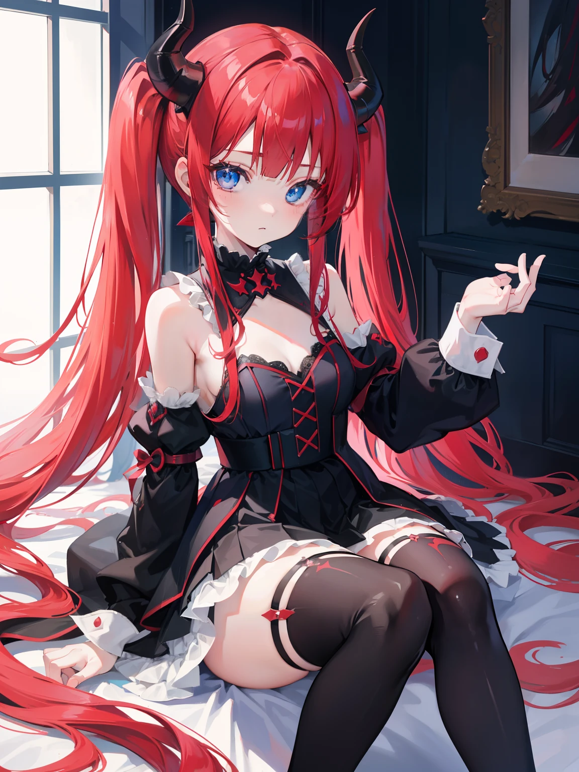 High quality, masterpiece, ultra-detailed, black stockings, red lingerie, red panties, choker, headress, cute  girl, solo, peaceful expression, black hair, enchanting blue eyes, fox ears, bedroom, a lot of balloons