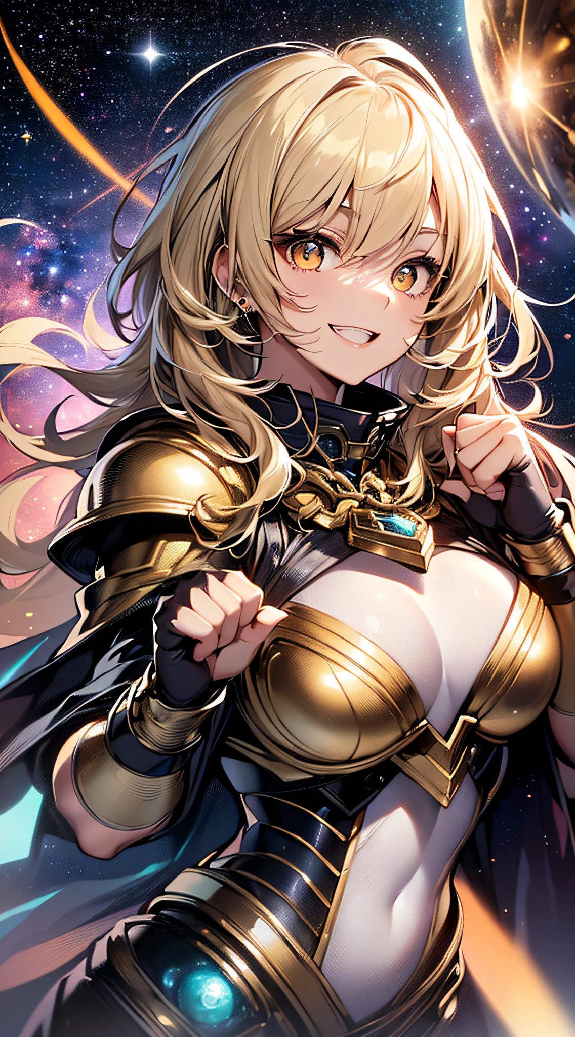 top-quality、Top image quality、masterpiece、girl with((18year old、Cosmic Metallic Armor、Best Bust、Bust 90、a blond、Semi-long、Glowing eyes、open chest wide、Valley、Happiness、Luminous Chain Accessories、Cosmic Accessories、weightless、fists up、The best smile、Laser from both hands,top down、Reflecting the whole body、Looking up at the viewer)hiquality、visualart、Background with(spaces、stele々、kosmos))、masutepiece、Best graphics、Super delicate