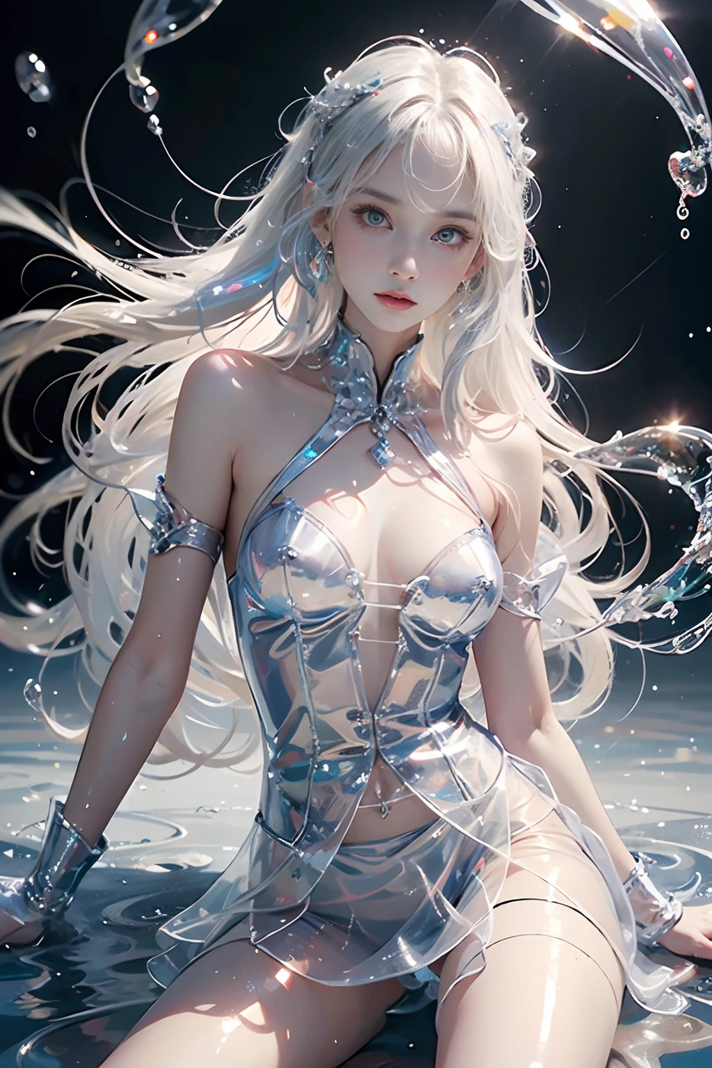 (Hyper Real), (illustration), (high resolution), (8K), (Very detailed), (Best Illustration), (Beautiful detailed eyes), (Best quality), (Super detailed), (Masterpiece), (the wallpaper), (Detailed face), Solo, (Dynamic pose), boobgasm， White wavy hair on the bed, Japan person, Iris colored eyes, (((Very thin, clear liquid)), Medium breasts, Long legs,Raise your legs left and right ,open underwears（Translucent miniskirt like water）