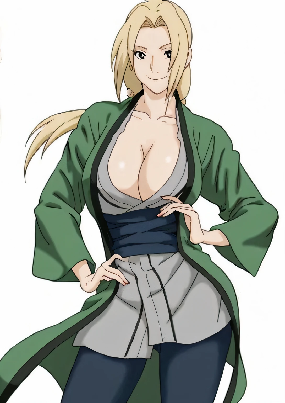 a woman smirking in a green coat and jeans posing for a picture, tsunade from naruto, from naruto, female anime character, inspired by Kusumi Morikage, inspired by Nishikawa Sukenobu, tatsumaki from one punch man, wearing only a green robe, kunoichi, dressed in a green robe, haruno sakura, anime character, studio ghibli art style