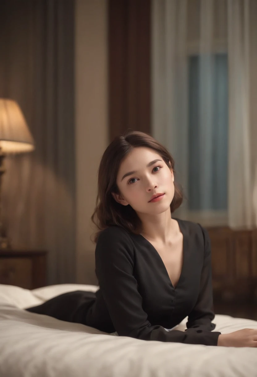 A girl dressed in black is lying on the bed, making: Studio Ghibli, A city scape, detailed illustration, Official Art, In the style of Kawashi, Graceful movement, nocturnal, configuration, HD wallpapers