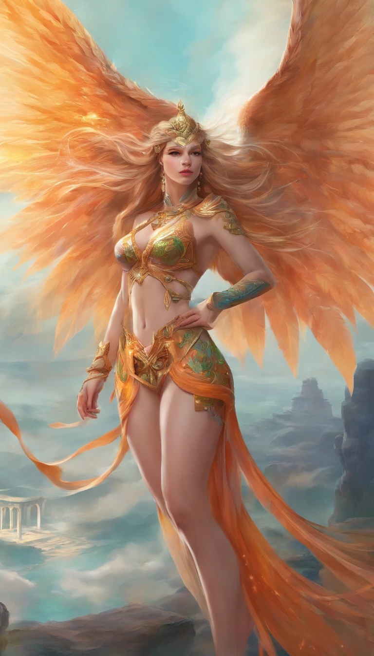 (Best quality,Ultra-detailed,A high resolution:1.2), Realistic, A giantess, Overlooking, Delicate facial features, minimal clothing, Vibrant multicolored braids, Drag on the floor, Huge and exaggerated breasts, Protruding abdominal muscles, Incredibly long legs，It occupies two-thirds of the body, Amazingly large and exaggerated buttocks，It has nine long tails, A pair of huge wings，Covered the sky behind them, Uniquely designed high heels, Tattoos, Perfect attention to detail, full body shot of