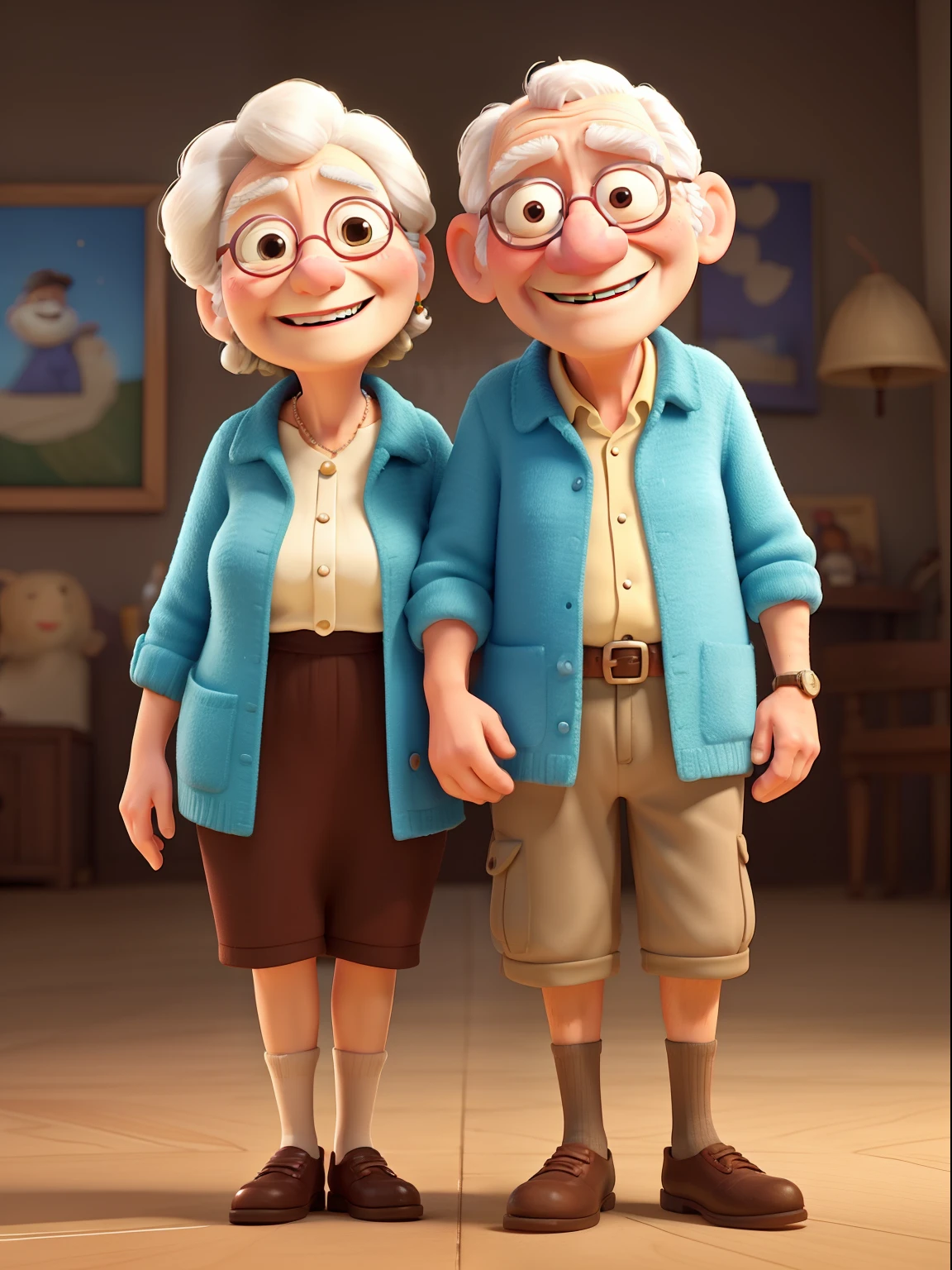 An award winning image of an adorable smiling old couple, in the style of Aardman Animations, Arthur Boyd, Picasso, 3d rendered, soft lighting