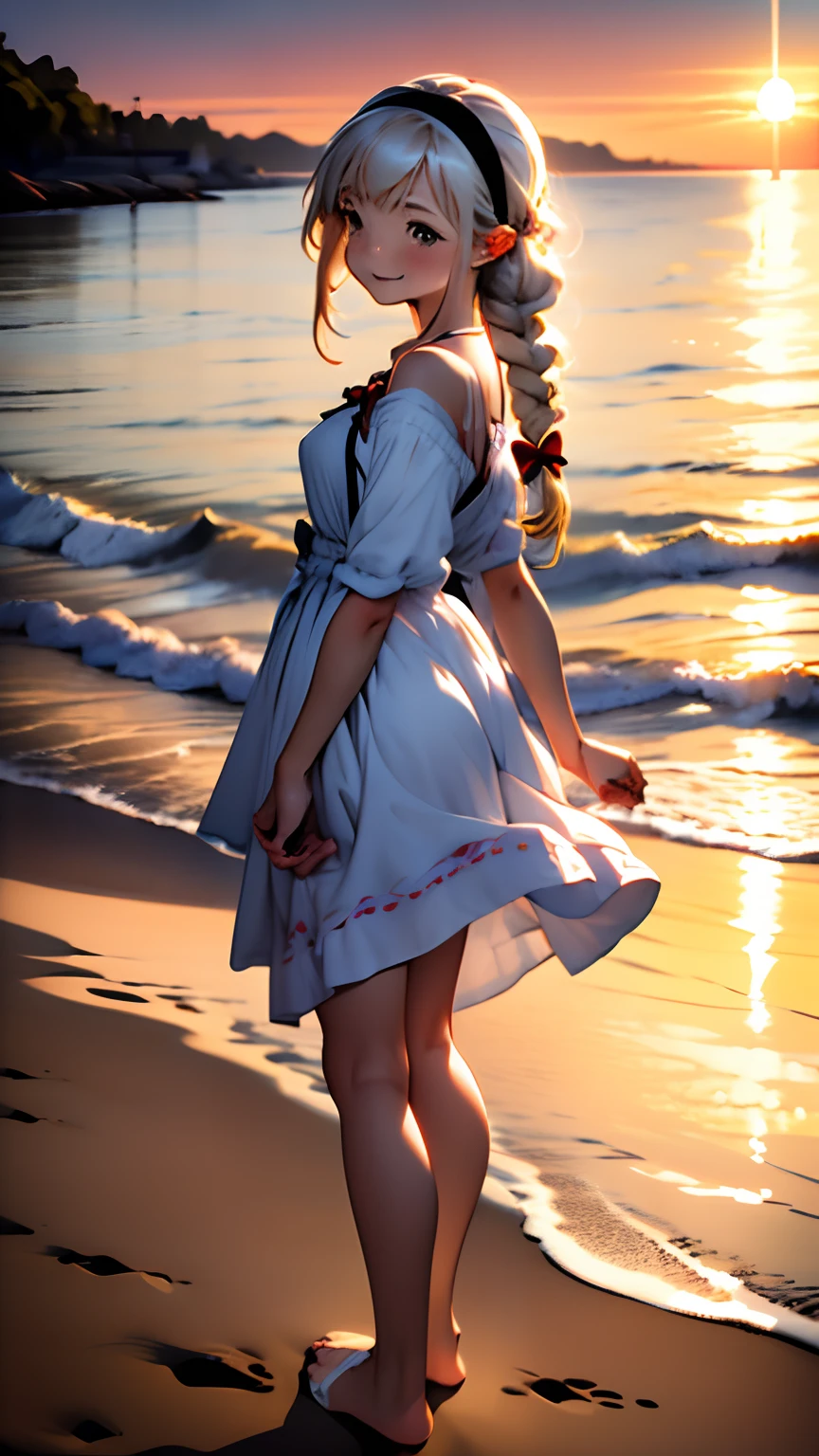 (masterpiece, best quality), arona, 1girl, white hairband, bow hairband, bang, halo, long hair, single braid, walking, full body, beach, sunset, light smile, looking up, from side, blurry