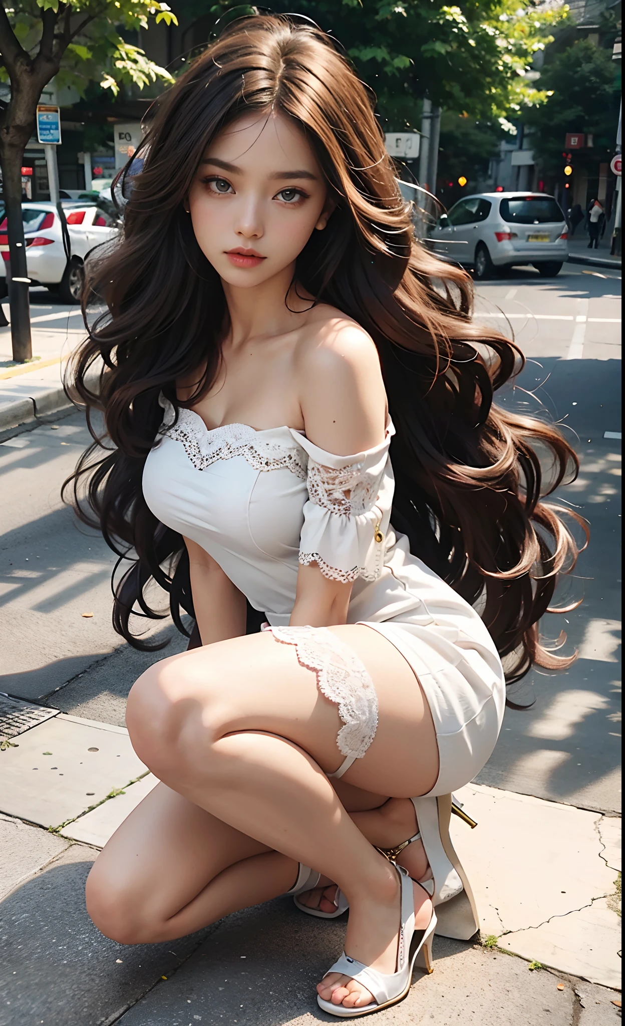 (the street:1 girl with brown hair), tmasterpiece, best qualtiy, RAW photogr, realisticlying, the face, Incredibly Ridiculous res,, ear studs, (Long flowing brown curly hair),eye shadows,White off-the-shoulder long dress,jewelry,white legwear,(Plain white flats++),Jade foot,depth of fields, A high resolution, ultra - detailed, filigree, RAWE is very detailed, very detailed eyes and faces, Sharp pupils, realistic pupil, tack sharp focus, cinmatic lighting,full bodyesbian,Bigboobs,long leges,From the front side,dynamicposes,Normal posture,closeup of face
