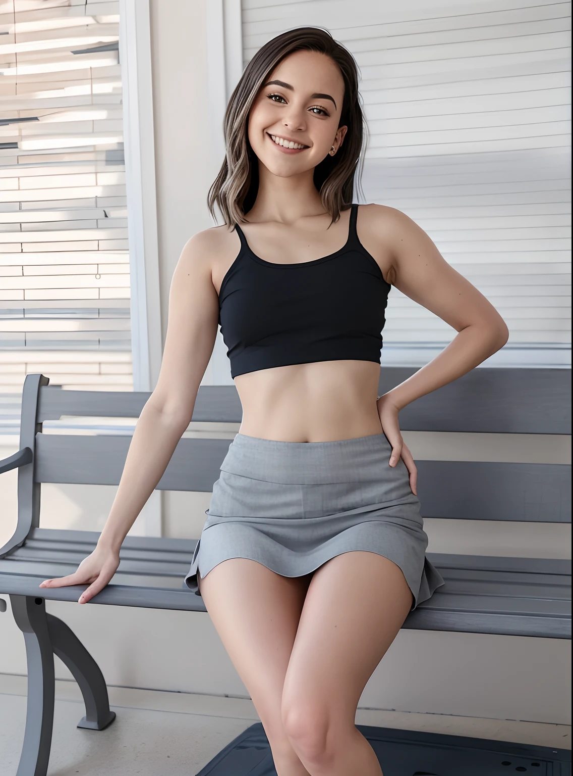 arafed woman sitting on a bench in a gray shirt and skirt, pokimane, grey skirt, casual pose, isabela moner, transparent gray skirts, wearing crop top and miniskirt, wearing a sexy cropped top, kailee mandel, pretty face with arms and legs, perfectly poised, satisfied pose, wearing a cropped top, outfit photo