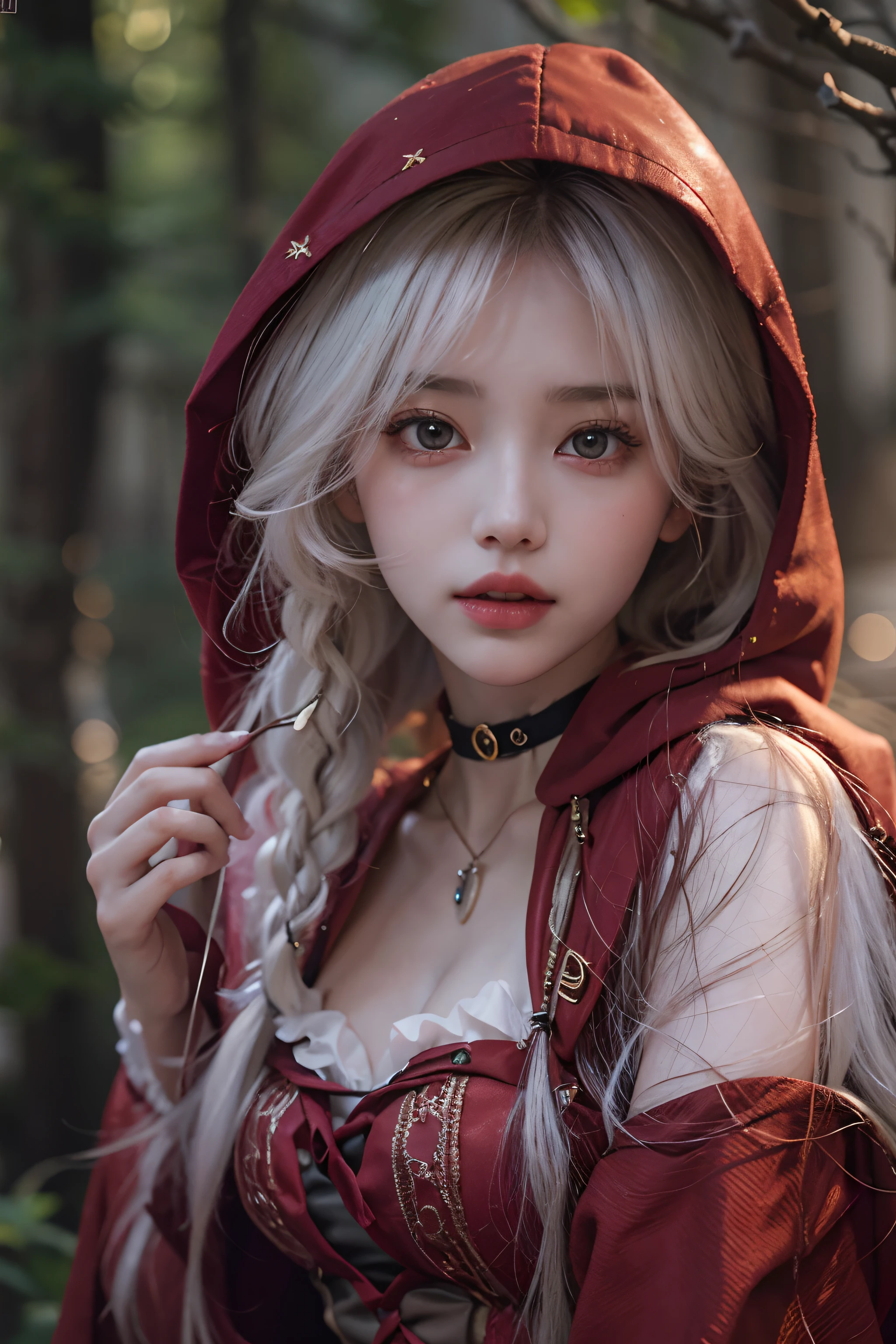 (Best Quality Detail)、realisitic、8K UHD、hight resolution、(red riding hood)、(Knee shot)、(1girl in)、((Anxious expression))、The ultra-detailliert、intricate detailes、High quality shadows、Detail Beautiful delicate face、Detail Beautiful delicate eyes、in her 20s、(The best smile)、Pretty Kpop Girl、(Korean Urzan Face)、(ulzzang -6500-v1.1:0.6)、pureerosface_v1、gloweyes、perfectbody、(Colossal tits)、 ((look at viewr))、Hasselblad, Carl zeiss, Incredible dynamic range photography(UTIL_Art by Smoose-768:1.1), (White hair color)、teak、Glossy lips、Natural color reproduction, ((strong lights))、((Hood cover))、(a choker)、((Brown eyes))、((Beautiful Finger))、(White hair), (Twin braids)、(Pattsun bangs)、(bangss)、 Shiny hair、Description beautiful delicate hair、(Lustrous skin)、((Hood cover))、、((Little Red Riding Hood))、(red cape)、(a red skirt)、(corsets)、(forest at night)、(Dark Night Road)、((the wind))、