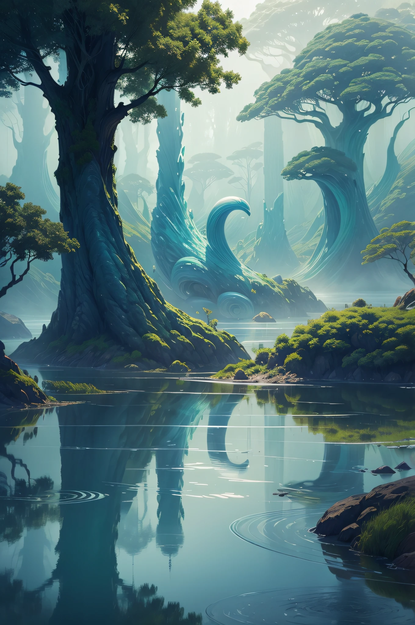 A surreal landscape of biomorphic creatures emerging from a misty, iridescent lake at dawn, their sinuous forms blending seamlessly with the surrounding flora, as if nature itself were an ever-evolving work of art.