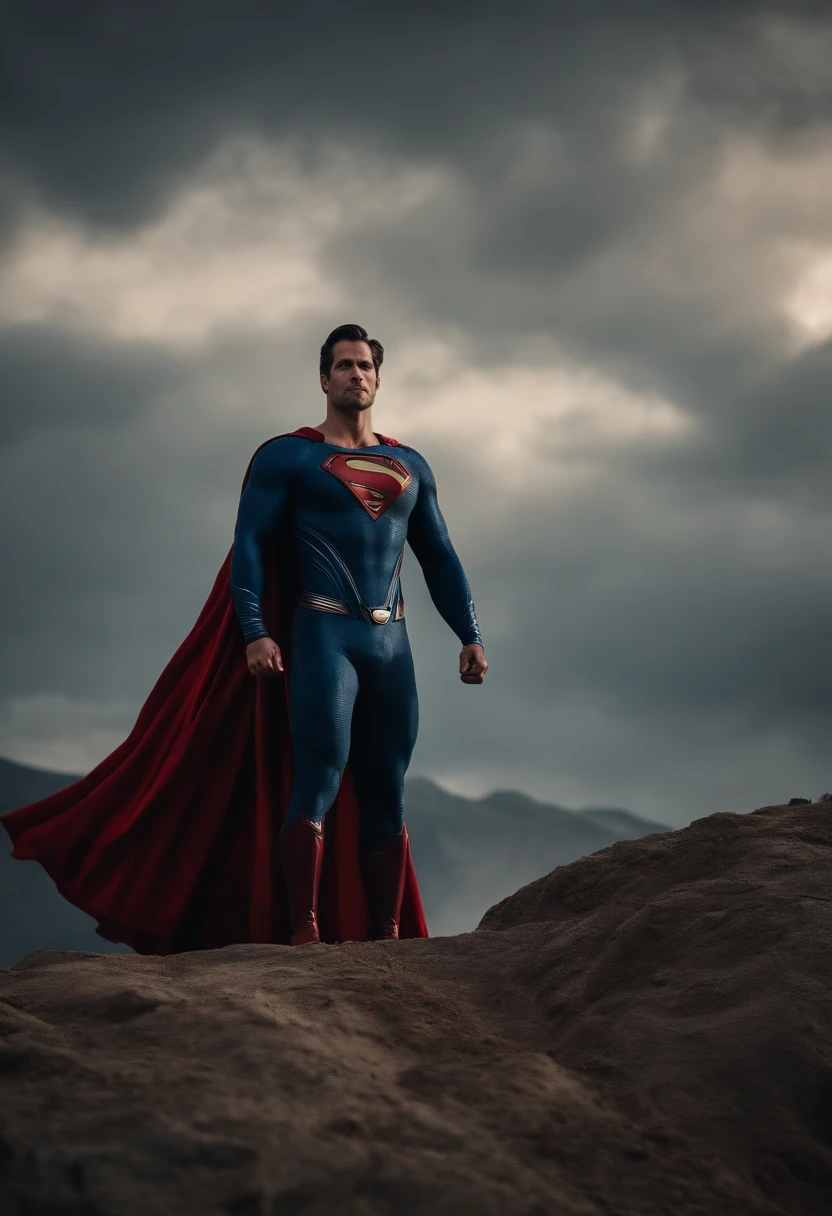 The image shows Superman in full body in a post-apocalyptic setting.
Superman is on his feet, em uma pose imponente, with clenched fists and a serious expression on his face.
He's wearing a worn-out, dirty costume, with tears and stains, indicando as batalhas que enfrentou.
Her skin is leathery, rough and scarred, mostrando os efeitos do ambiente hostil em que vivia.
Your eyes are tired and worn out, revealing the wisdom and experience accumulated over time.
The setting is a burning desert, com tempestades de poeira e um sol escaldante criando uma atmosfera opressora.
The colors are intense, com tons quentes e saturados, destacando o contraste entre o Superman e o meio ambiente.
The image is captured in high resolution (8k UHD) with a Fujifilm XT3 DSLR camera.
The lighting is soft, criando sombras e realces sutis, adding depth to the image.
The image has a cinematic quality and light film grain, Adding texture and a nostalgic feel.