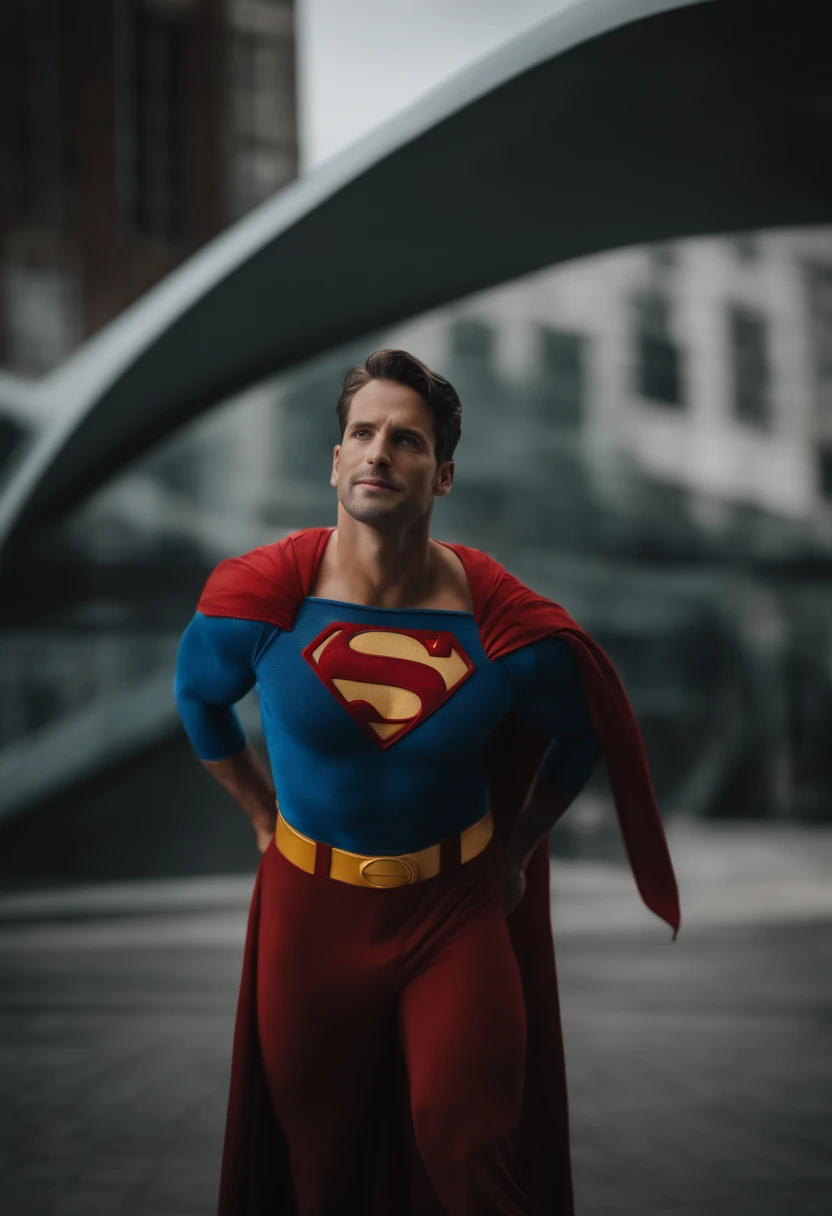 **The 50-year-old man gray hair, now Superman, crouches in a squatting position on the street, preparing to leap into the air. Below him, a noticeable crack in the pavement is visible, highlighting the dramatic moment as he readies himself for takeoff.**