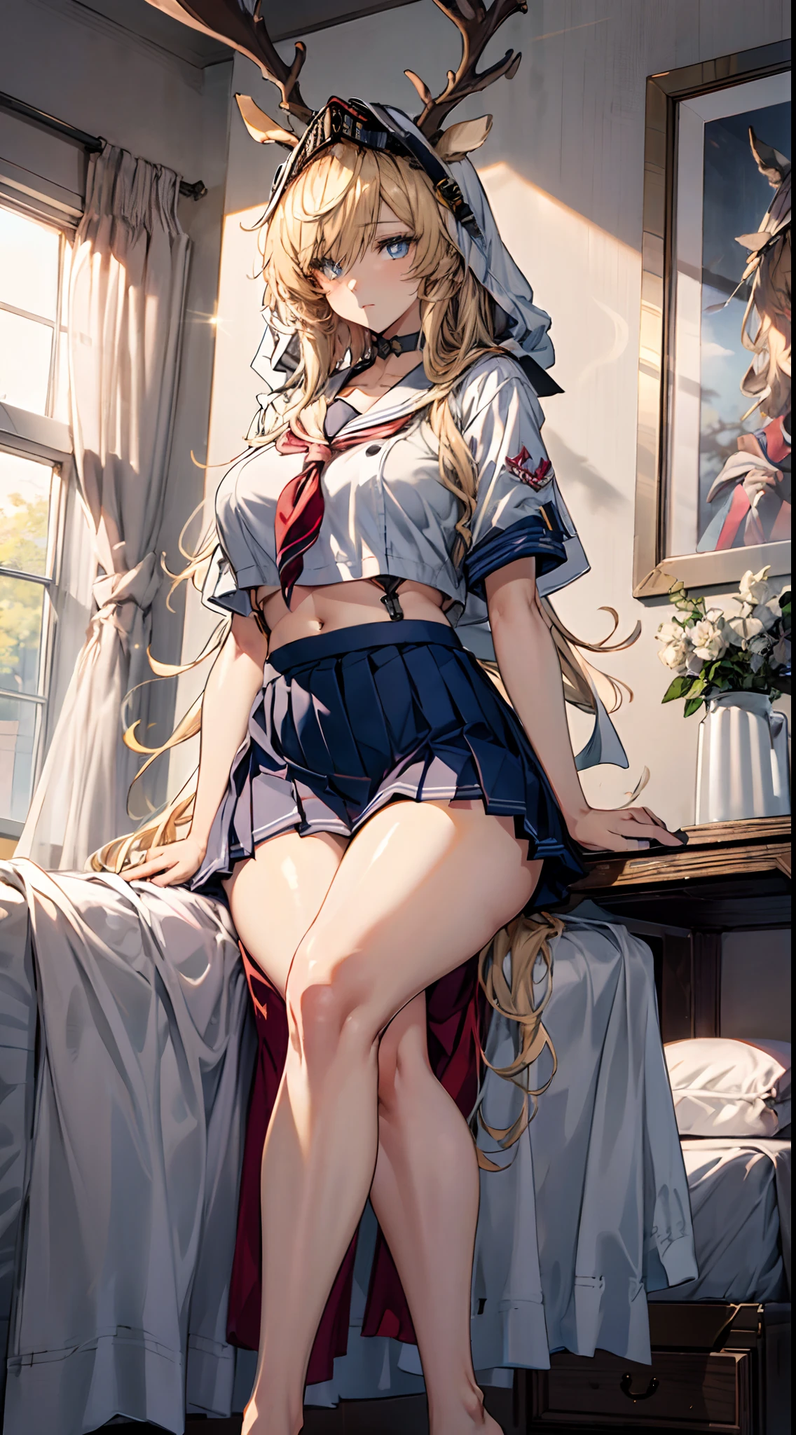 (((Masterpiece))),(incredibly_absurderes),(Best quality),(A high resolution),(Highly detailed),((CG unity 8k wallpaper)),Beautiful illustration、top-quality、 s、Bedroom、Golden hair、long whitr hair、(((pleatedskirt)))、(((a sailor suit)))、short- sleeved、a navel、Pull up the skirt，Bare legged、eBlue eyes、on top of the bed、Lovely thighs、glowing thigh