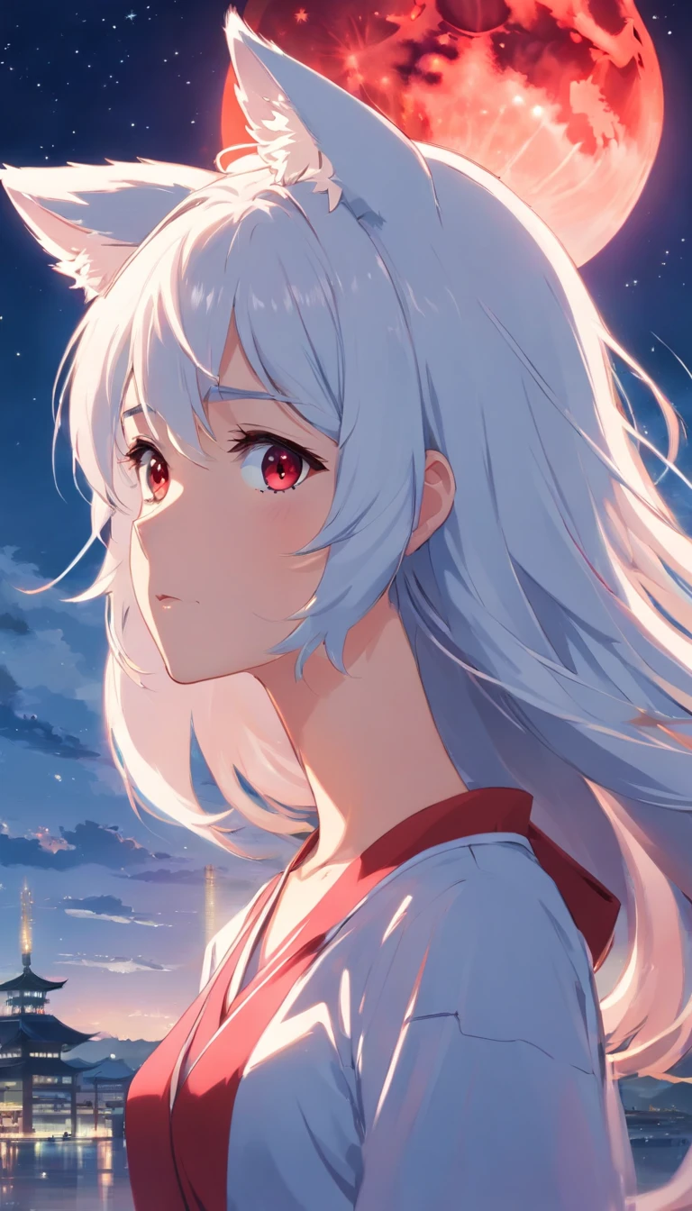 Animal ears, White hair, Long hair, Blue eyes, Red Moon、natta、Fantastical、