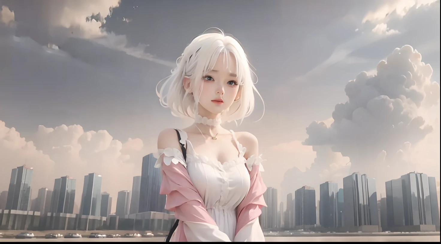 White hair, soft pink dress