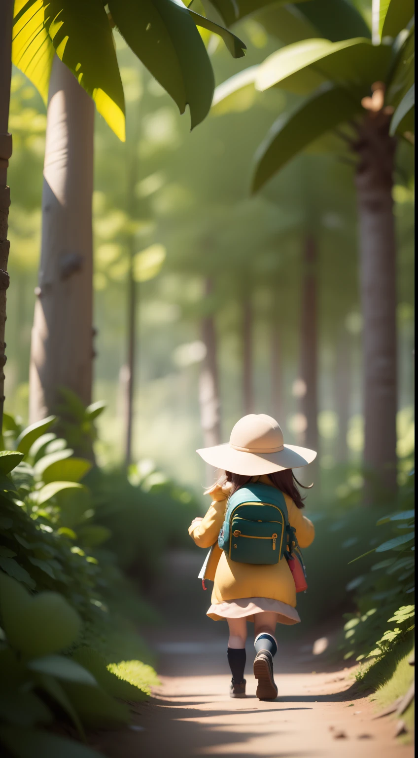 There is a poster with a cartoon character in a hat and backpack, female explorer mini cute girl, walking in the wilderness, flower jungle, animation style rendering, cute 3 D rendering, small characters. Unreal Engine 5, stylized anime, cute detailed digital art, Atey Ghailan 8 K, stylized 3D rendering, adventure surreal rendering, anime style 3D, 3D rendering stylized