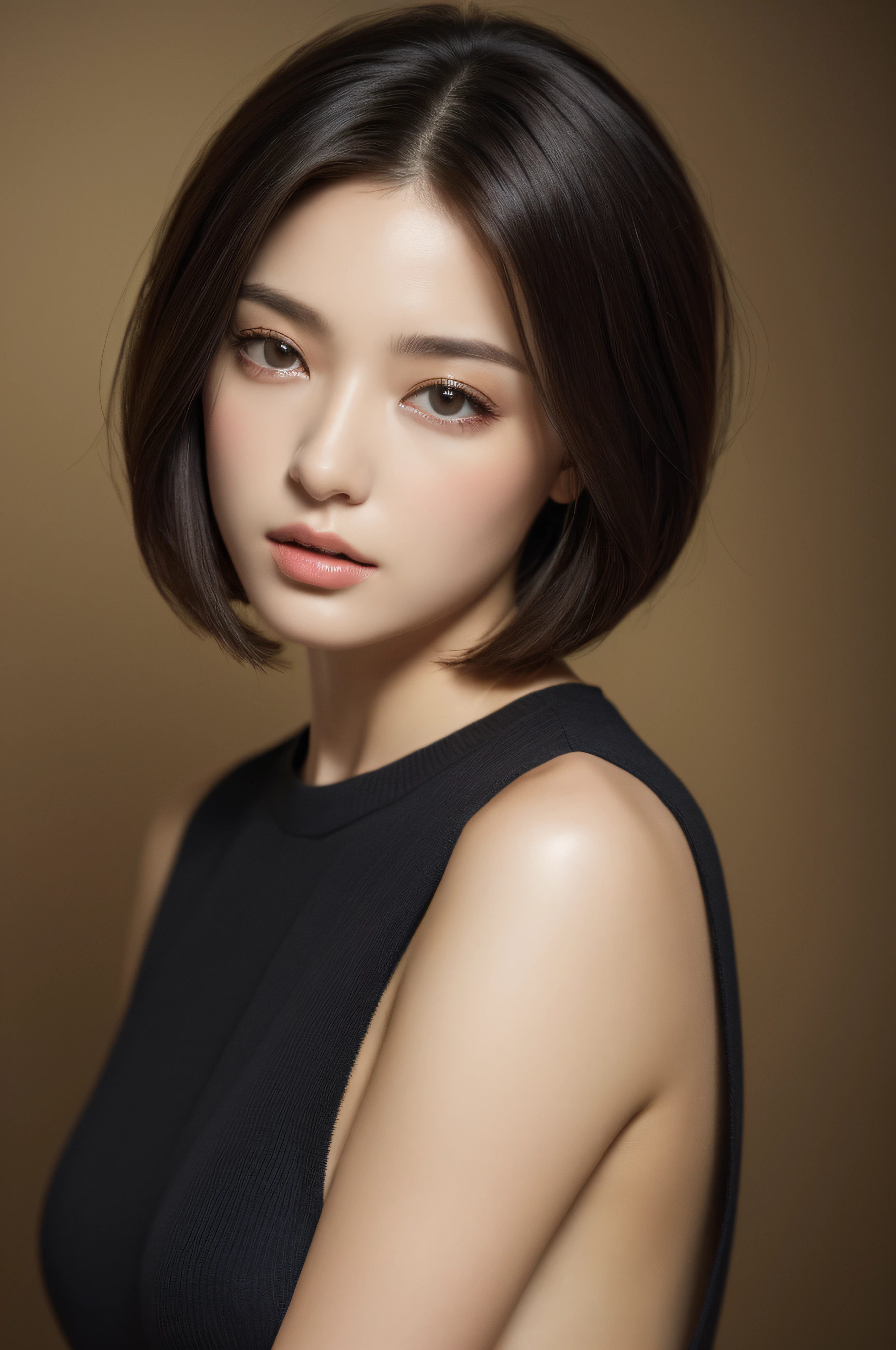 (masuter piece:1.3)、(8K、Photorealsitic、Raw photography、top-quality: 1.4)、(1girl in)、Very beautiful face、(Very realistic face)、(A dark-haired、short-hair:1.3)、Very beautiful hairstyle、Very realistic eyes、Very beautiful details、(Very realistic skin)、Very beautiful skin、(Fashionable sweaters)、absurderes、Very attractive、超A high resolution、A hyper-realistic、high-detail、the golden ratio.