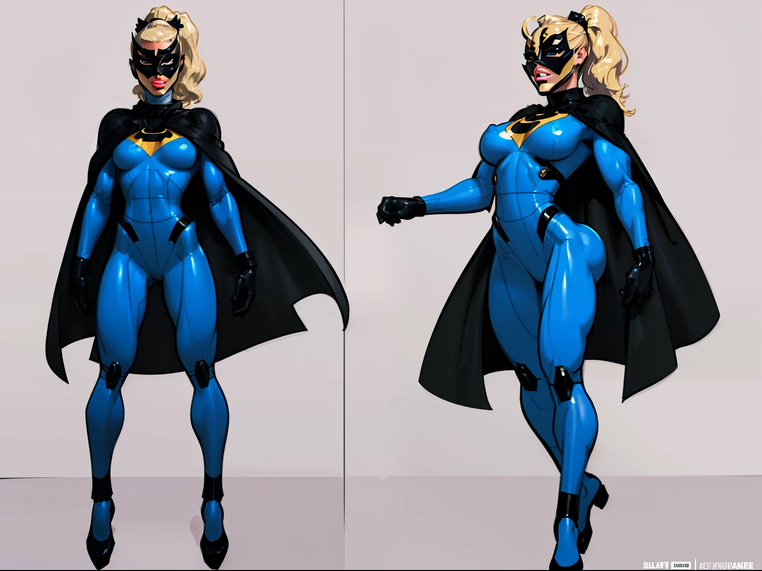 ((masterpiece)),(((best quality))),((character design sheet)), ((full body view)) illustration,1girl, muscular, ((blue bodysuit:1.6)), (masked over eyes:1.6) (black mask:1.6) superhero, (black ponytail:1.4), (puffy lips:1.6) (black cape:1.4) beautiful woman, (small breasts:1.3)(black legs:1.3)shiny skin, (gold emblem on chest:1.2),scribbles and marks, rough sketches, pose, 8k,16k, (simple background, white background: 1.3)(gigantic breasts:1.0)