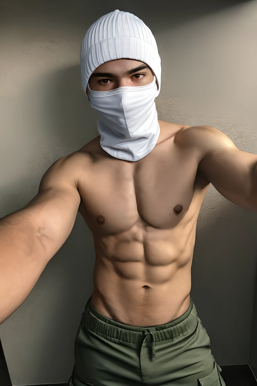 age male, 16yone body, tall, selfie, ultrarealistic, selfie photo, (((topless))), cargo pants, swat white balaclava, best quality, ultra detailed skin, body veins, watch, masculine square face