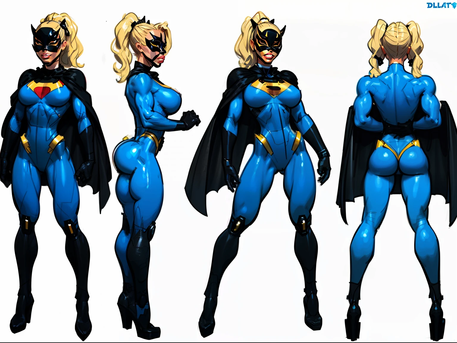 ((masterpiece)),(((best quality))),((character design sheet)), ((full body view)) illustration,1girl, muscular, ((blue bodysuit:1.6)), (masked over eyes:1.6) (black mask:1.6) superhero, (black ponytail:1.4), (puffy lips:1.6) (black cape:1.4) beautiful woman, (small breasts:1.3)(black legs:1.3)shiny skin, (gold emblem on chest:1.2),scribbles and marks, rough sketches, pose, 8k,16k, (simple background, white background: 1.3)(gigantic breasts:1.0)