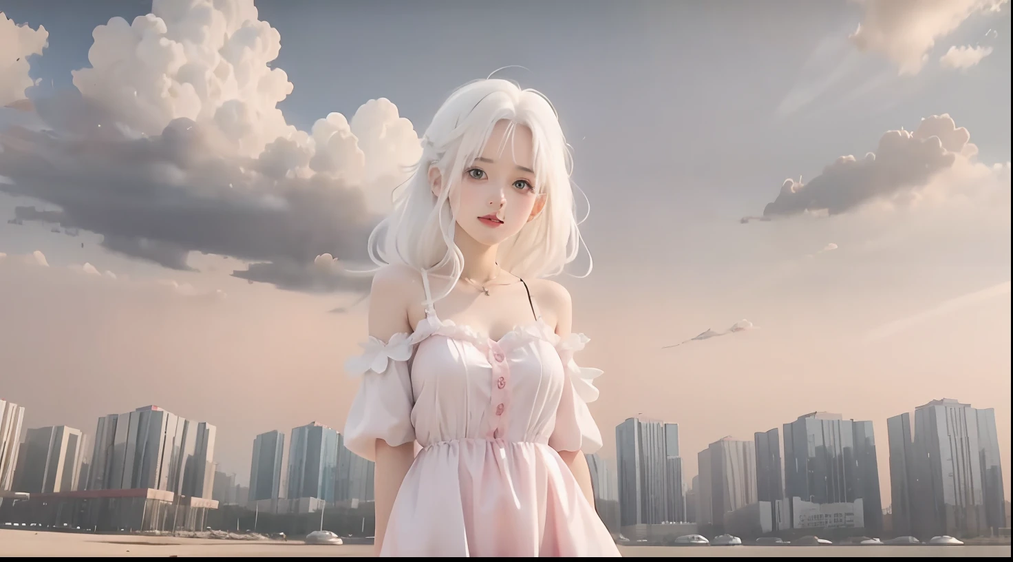 White hair, soft pink dress