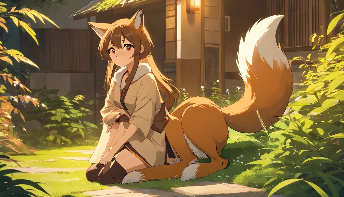 Fox, (Monster Girl), Long brown ears，The inside is dark brown, Brown fur, Sepia neck villi, Brown fluffy tail，Sepia tip, Big brown eyes, dressed sober clothes, Sitting in the garden, Masterpiece, Best quality