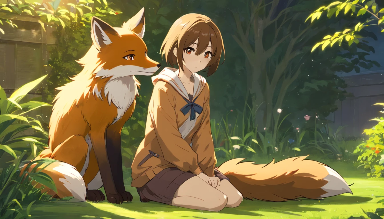 Fox, (Monster Girl), Long brown ears,The inside is dark brown, Brown fur, Sepia neck villi, Brown fluffy tail,Sepia tip, Big brown eyes, dressed sober clothes, Sitting in the garden, Masterpiece, Best quality