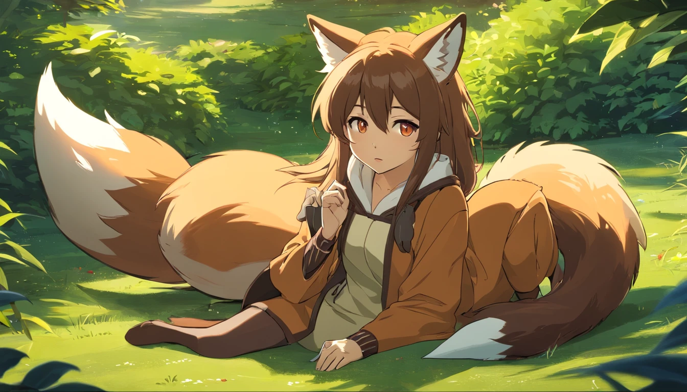 Fox, (Monster Girl), Long brown ears,The inside is dark brown, Brown fur, Sepia neck villi, Brown fluffy tail,Sepia tip, Big brown eyes, dressed sober clothes, Sitting in the garden, Masterpiece, Best quality