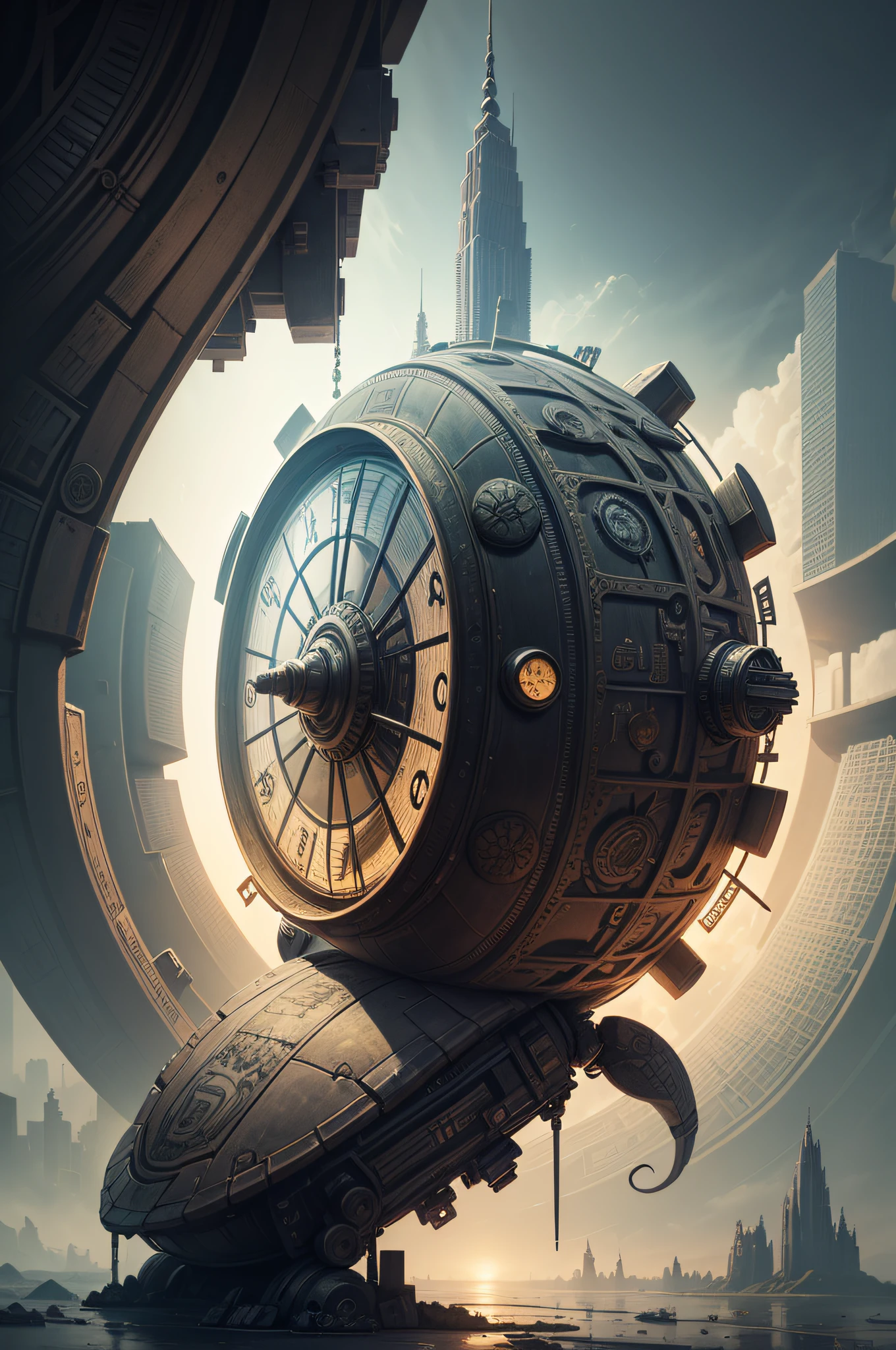 A digital art composition combining the elements of a Maus Wheel Turtle, a futuristic cityscape, and a time-worn, leather-bound journal filled with cryptic symbols and diagrams, blending science fiction with ancient mysticism in a visually captivating and enigmatic scene.