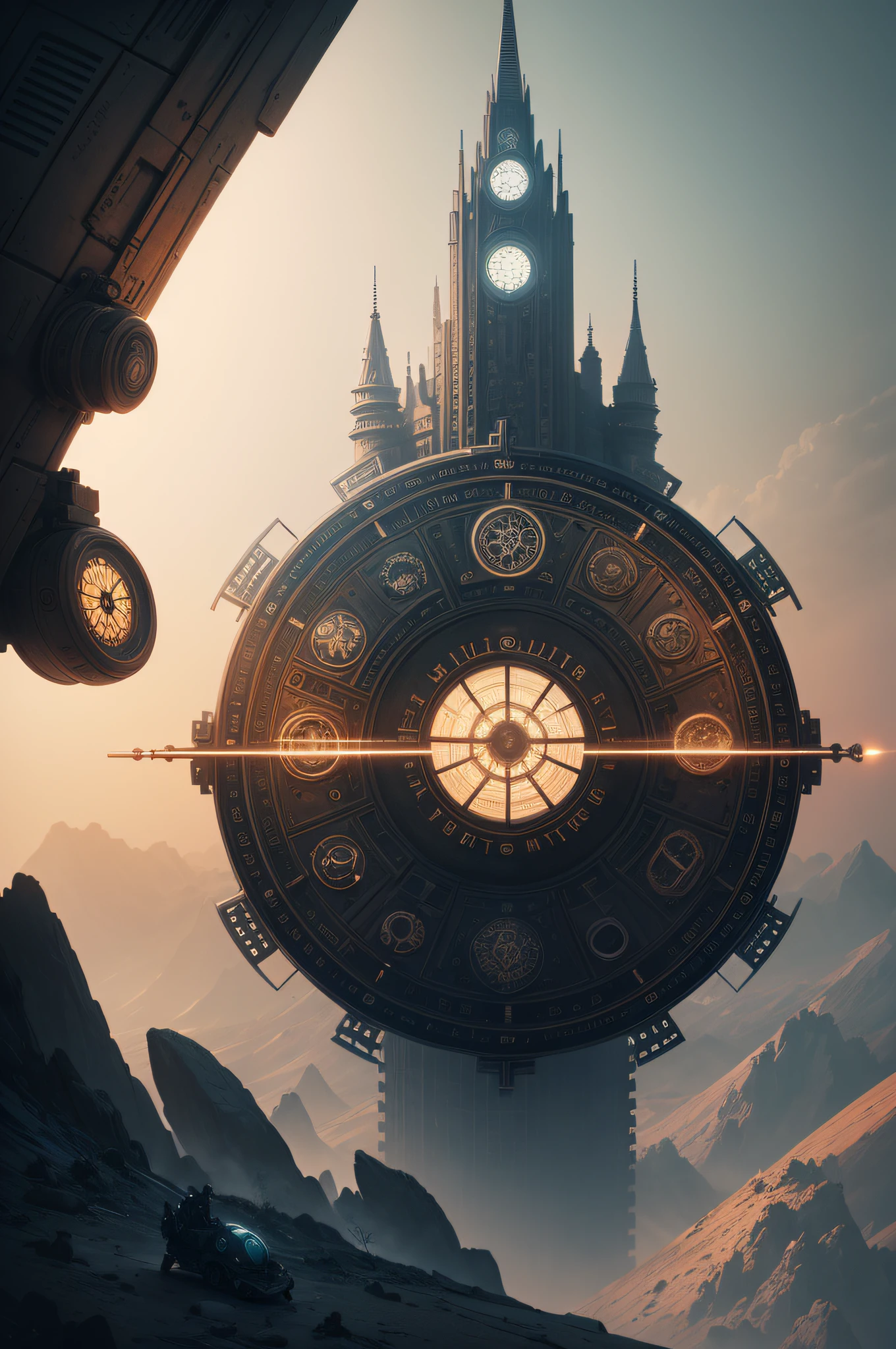 A digital art composition combining the elements of a Maus Wheel Turtle, a futuristic cityscape, and a time-worn, leather-bound journal filled with cryptic symbols and diagrams, blending science fiction with ancient mysticism in a visually captivating and enigmatic scene.
