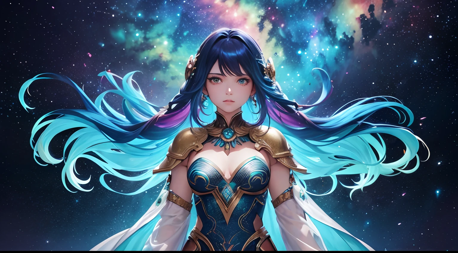 Close-up of a woman with colorful hair and necklace, anime girl with cosmic hair, Rossdraws' soft vitality, Gouvez style artwork, fantasy art style, colorful], vibrant fantasy style, Rossdraws cartoon full of vitality, cosmic and colorful, Guweiz, colorful digital fantasy art, stunning art style, beautiful anime style, white skin, subtle
