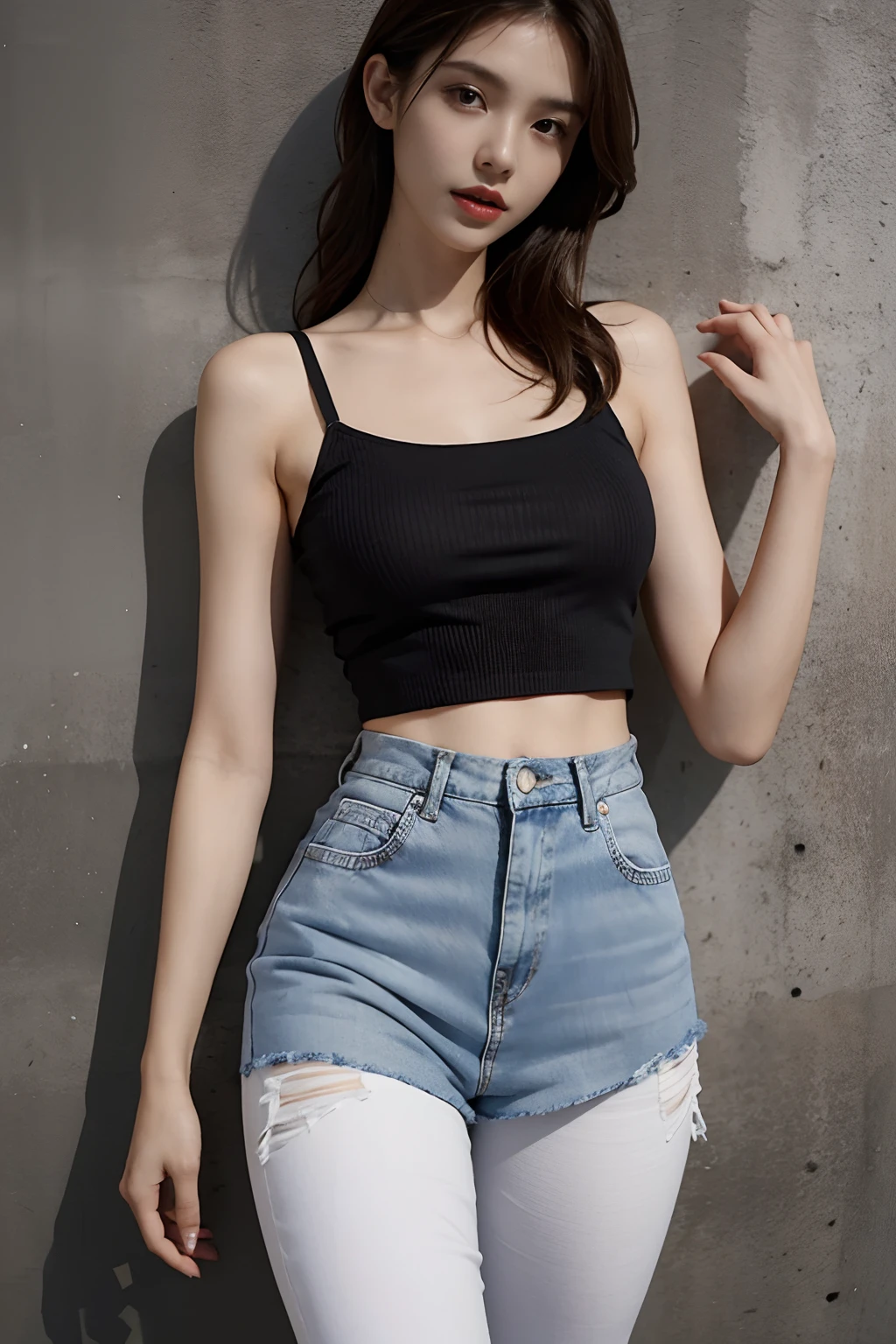 Girl in white bra and tight denim skirt posing for photo, full body, with cropped T-shirt, bra, slim body, smaller bust, slim girl model, 24-year-old female model, lying on the construction site, a group of black men onlooking
