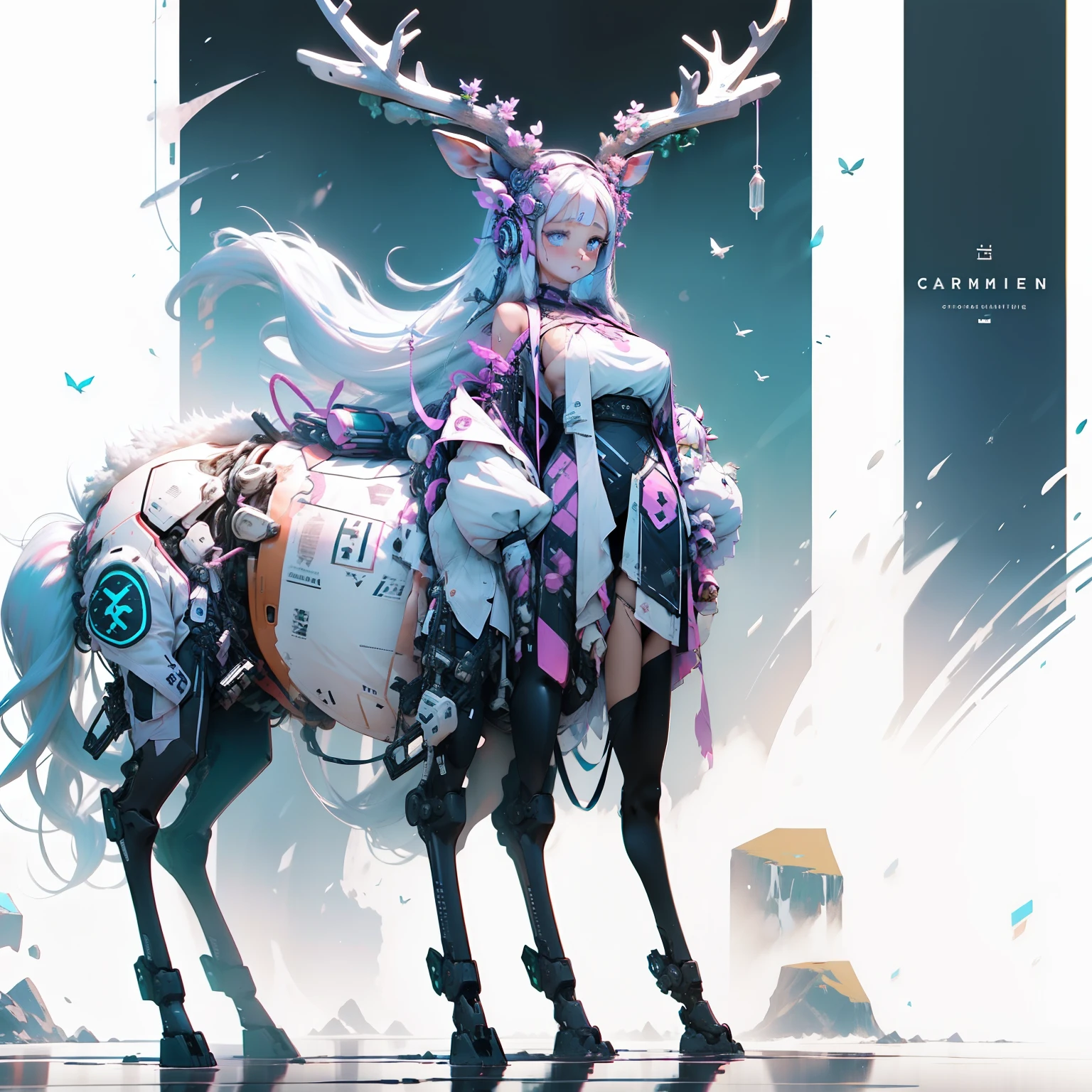 girl, anime, huge deer horns, medium breast, digital simple background, digital white background, string, silk, milk, cute, holding, standing, full body, melting, multicolored hair, hair ornament, digital face, digital body, curvy body, Long hair, closed mount, closed breast,dress, looking at views,tall, high quality, height, full body,