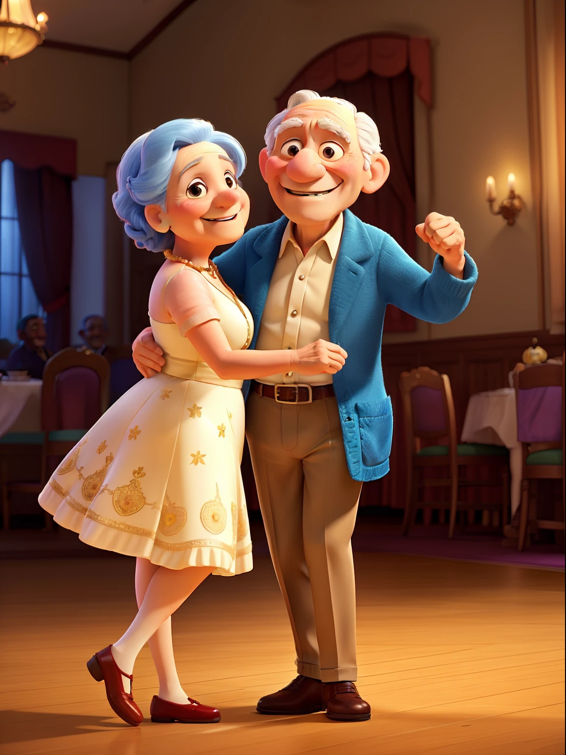 An award winning image of an adorable smiling old couple, dancing in a ballroom, in the style of Aardman Animations, Arthur Boyd, Picasso, 3d rendered, soft lighting