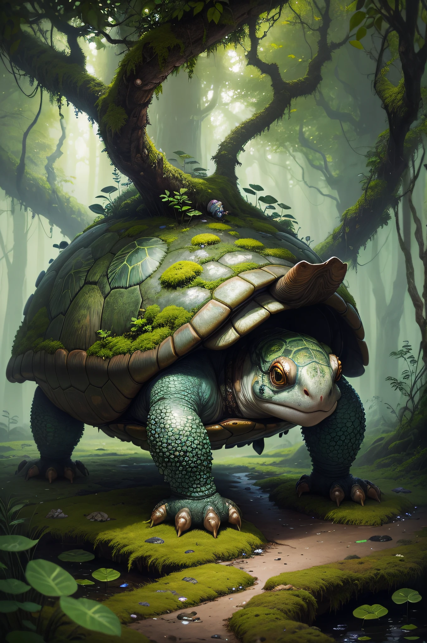 A detailed oil painting depicting a Maus Wheel Turtle resting on a moss-covered rock in a lush, ancient forest, its scales and shell beautifully textured, while the forest around it teems with vibrant, bioluminescent flora, creating an otherworldly scene of fantasy and wonder.
