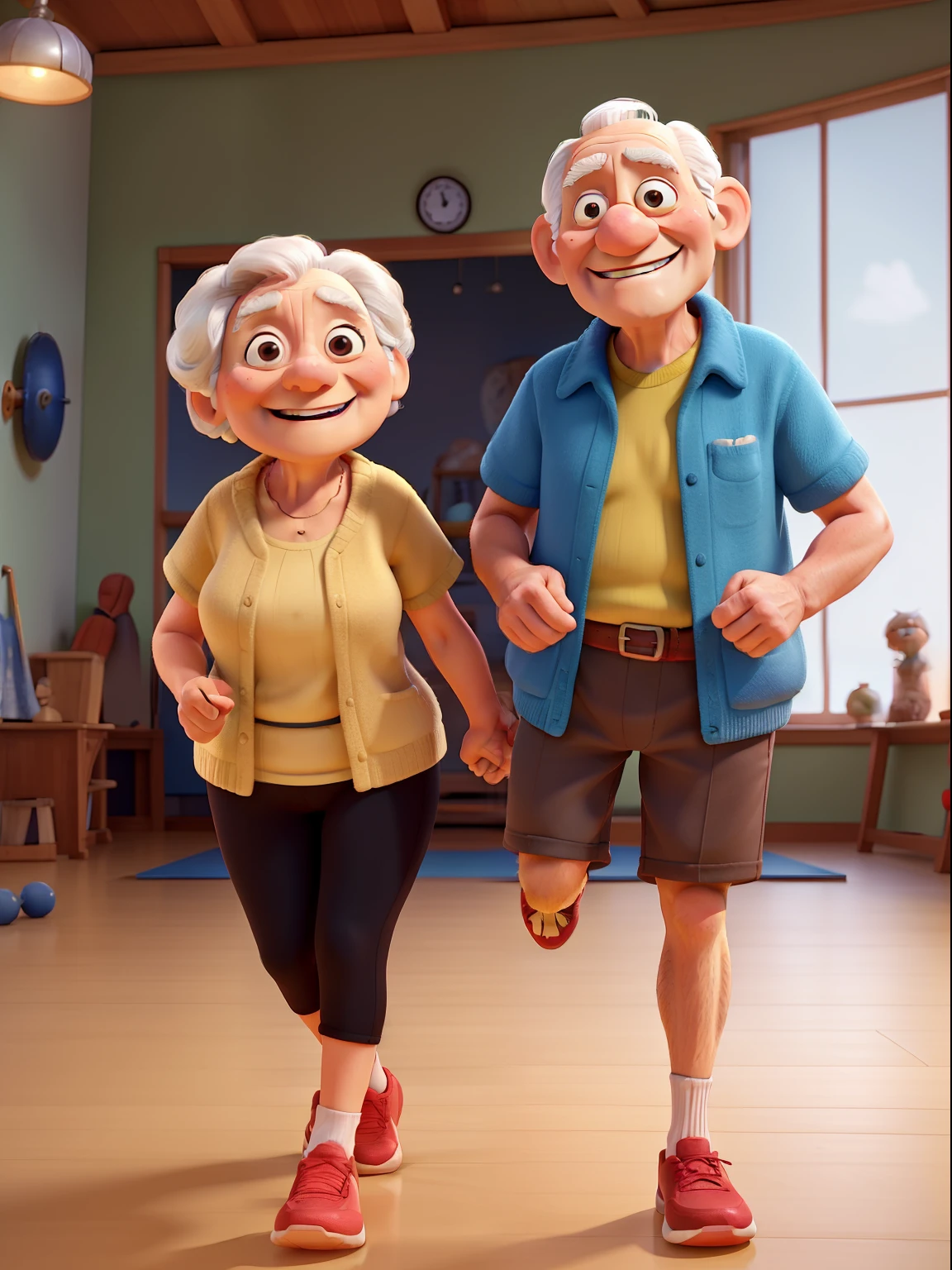 An award winning image of an adorable smiling old couple, exercising in a gym, in the style of Aardman Animations, Arthur Boyd, Picasso, 3d rendered, soft lighting