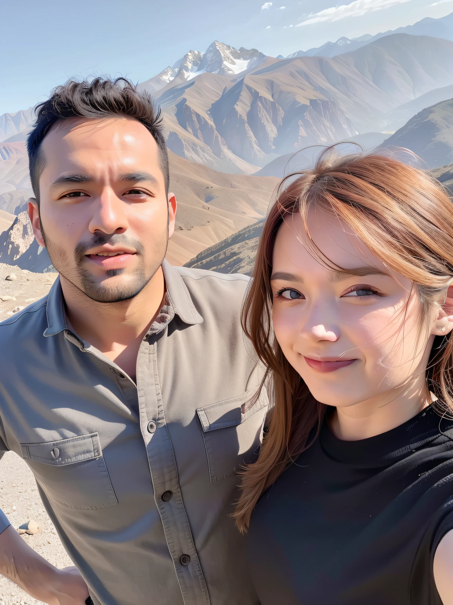 arafed man and woman standing in front of a mountain range, with mountains in the background, with mountains in background, in mountains, 8k selfie photograph, with mountains as background, ghutra and egal, facebook post, taken on iphone 1 3 pro, photo taken in 2 0 2 0, mountains in the background, taken on iphone 14 pro