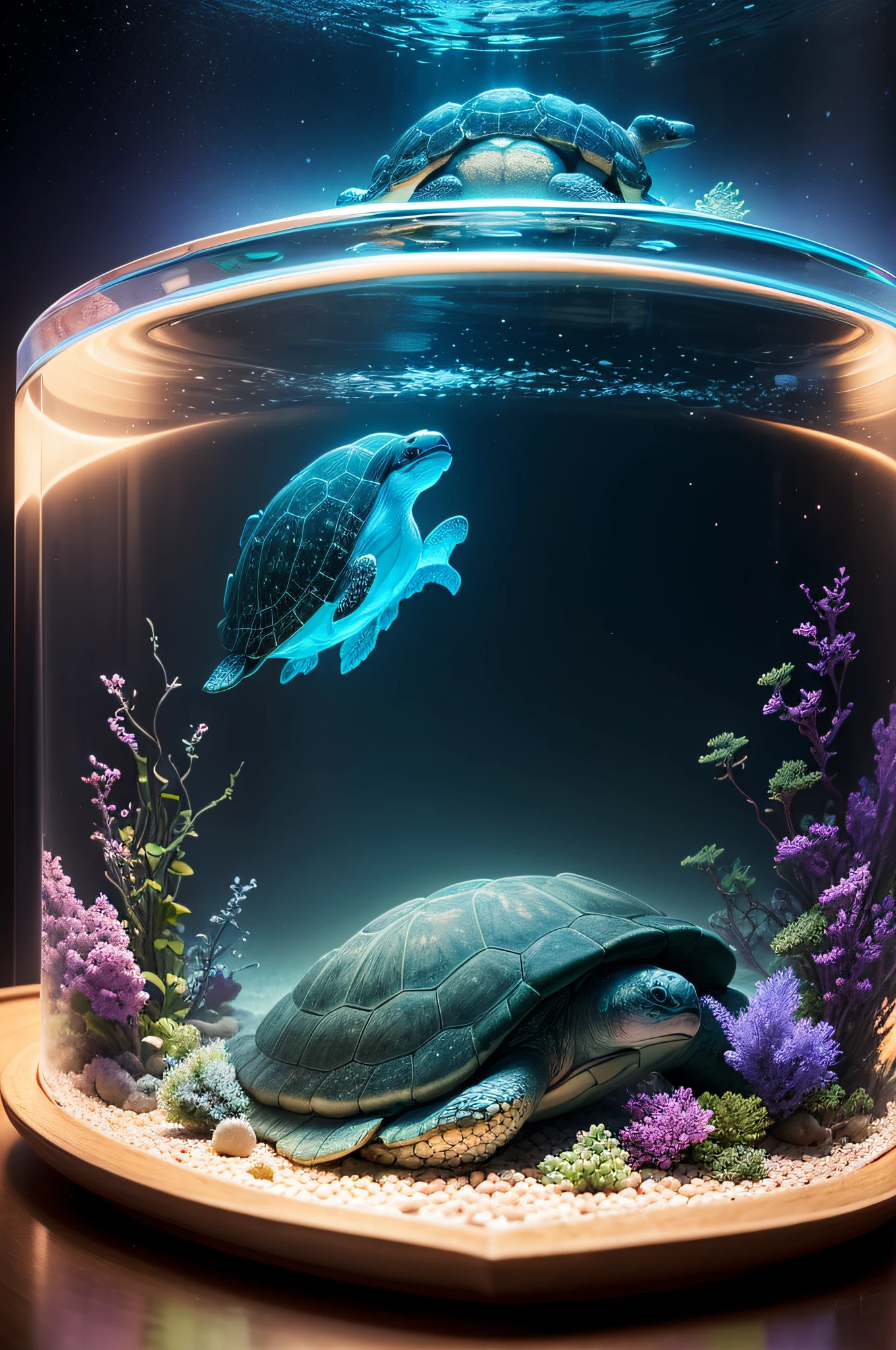 An ethereal photograph capturing the Maus Wheel Turtle submerged in a glass aquarium, the water illuminated by soft, multicolored LED lights, creating a surreal underwater world, with the turtle's shell adorned with intricate patterns resembling constellations in the night sky.