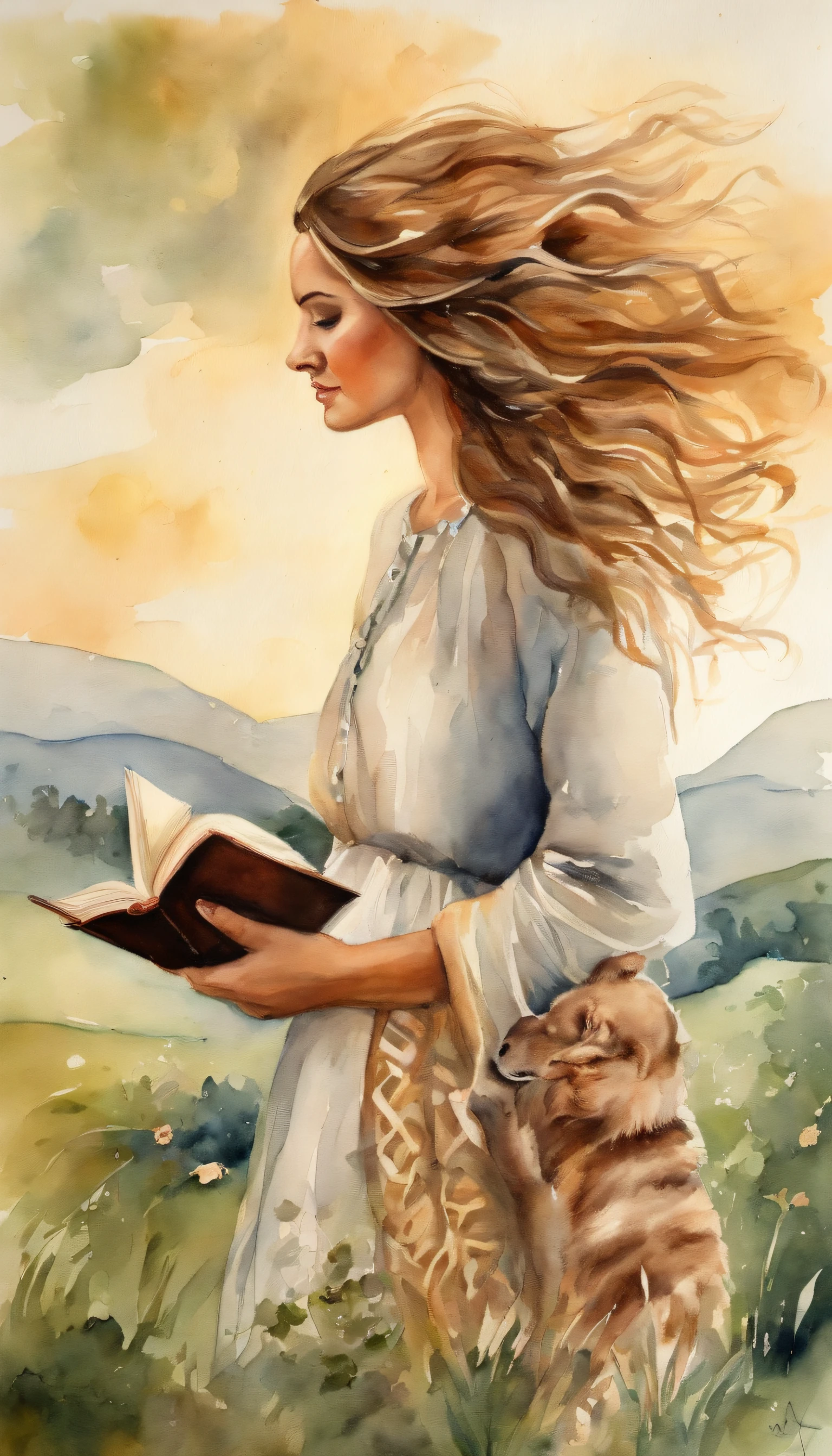 Landscape woman with book Braided Hair Wind Swinging Hair with Puppy Extimation
