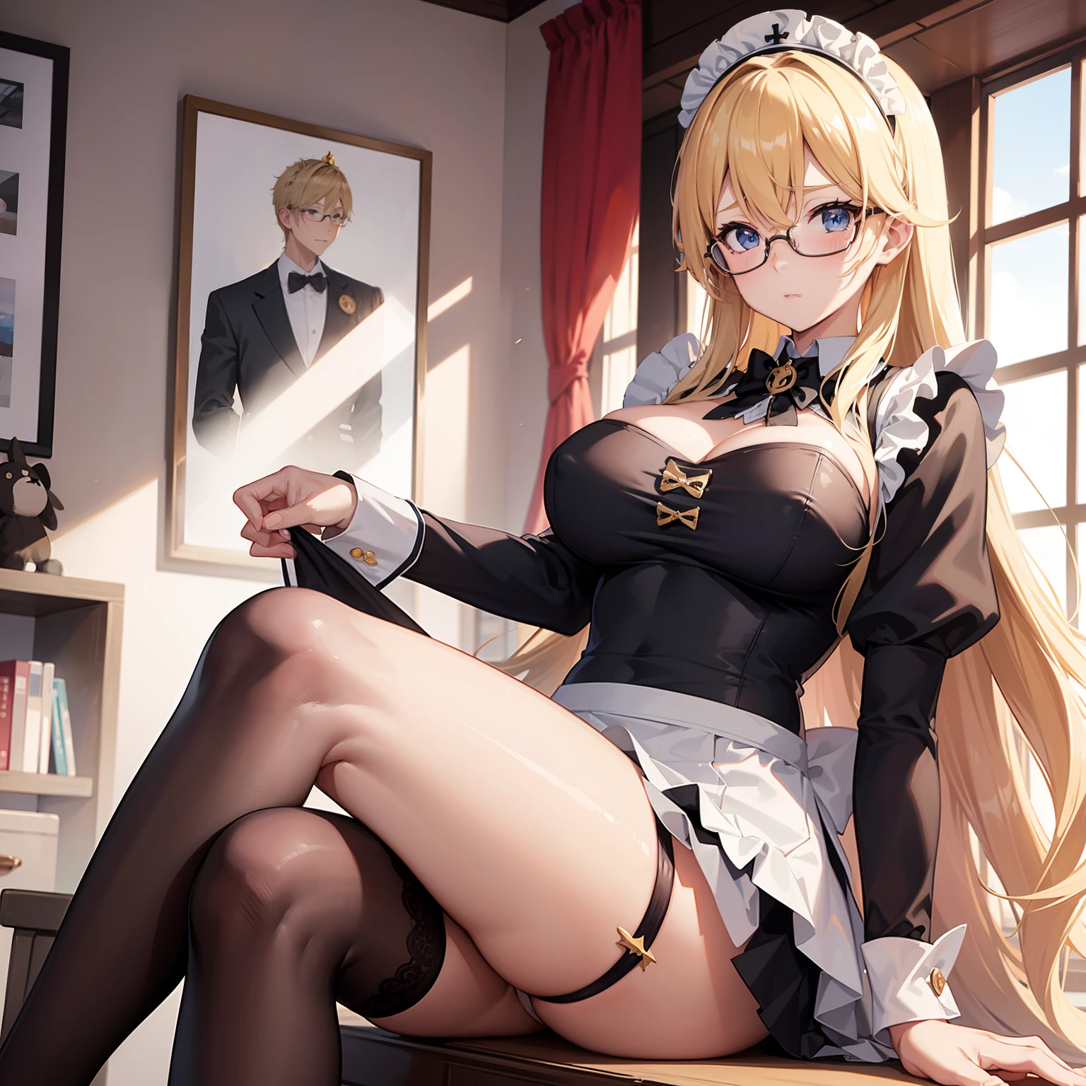 anime girl, 1 person, blonde hair, glasses, Crown,maid, front view, big breasts, tights, sitting on desk,exposed chest, underwear, maid suit, shy, blushing, lifting skirt , bright sky, sitting cross-legged, high heels,exposed chest, underwear, middle-aged women, blushing, lifting skirt, showing off underwear, (full HD 4K+ image