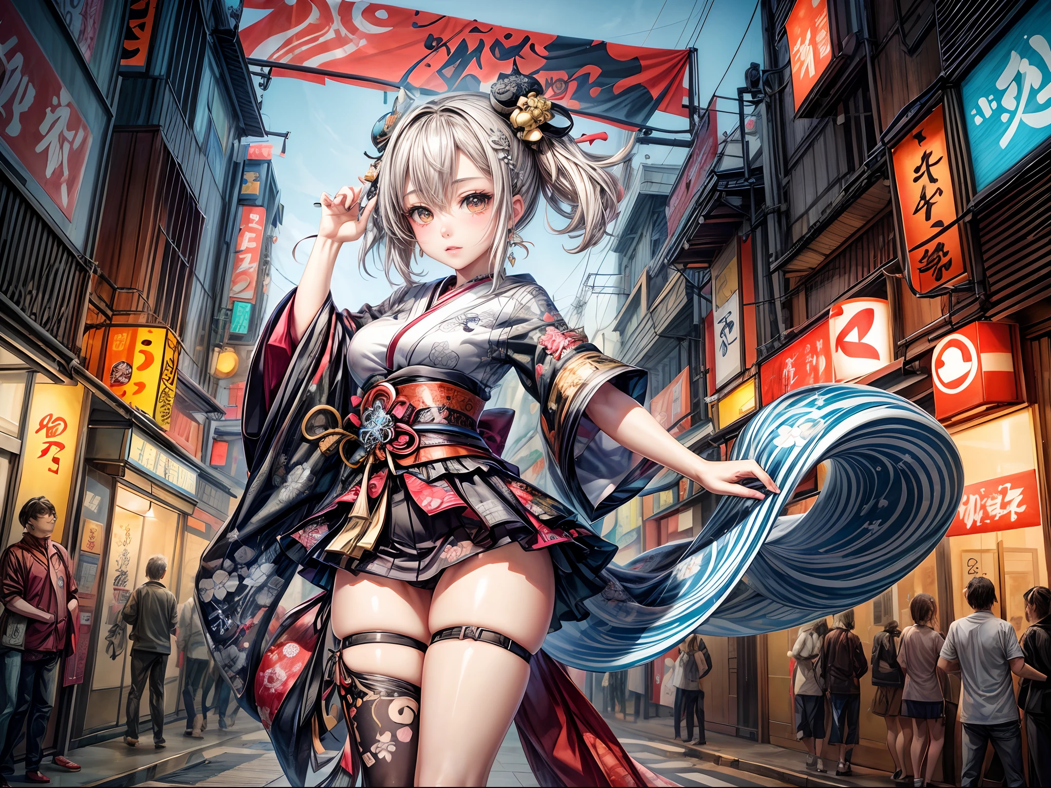 An abstract mixed-media piece combining traditional Japanese calligraphy with modern graffiti-style art, featuring the words "Tokyo Bubbles Girl" intertwined with vibrant bubble motifs, symbolizing the fusion of tradition and contemporary culture in the bustling city.
